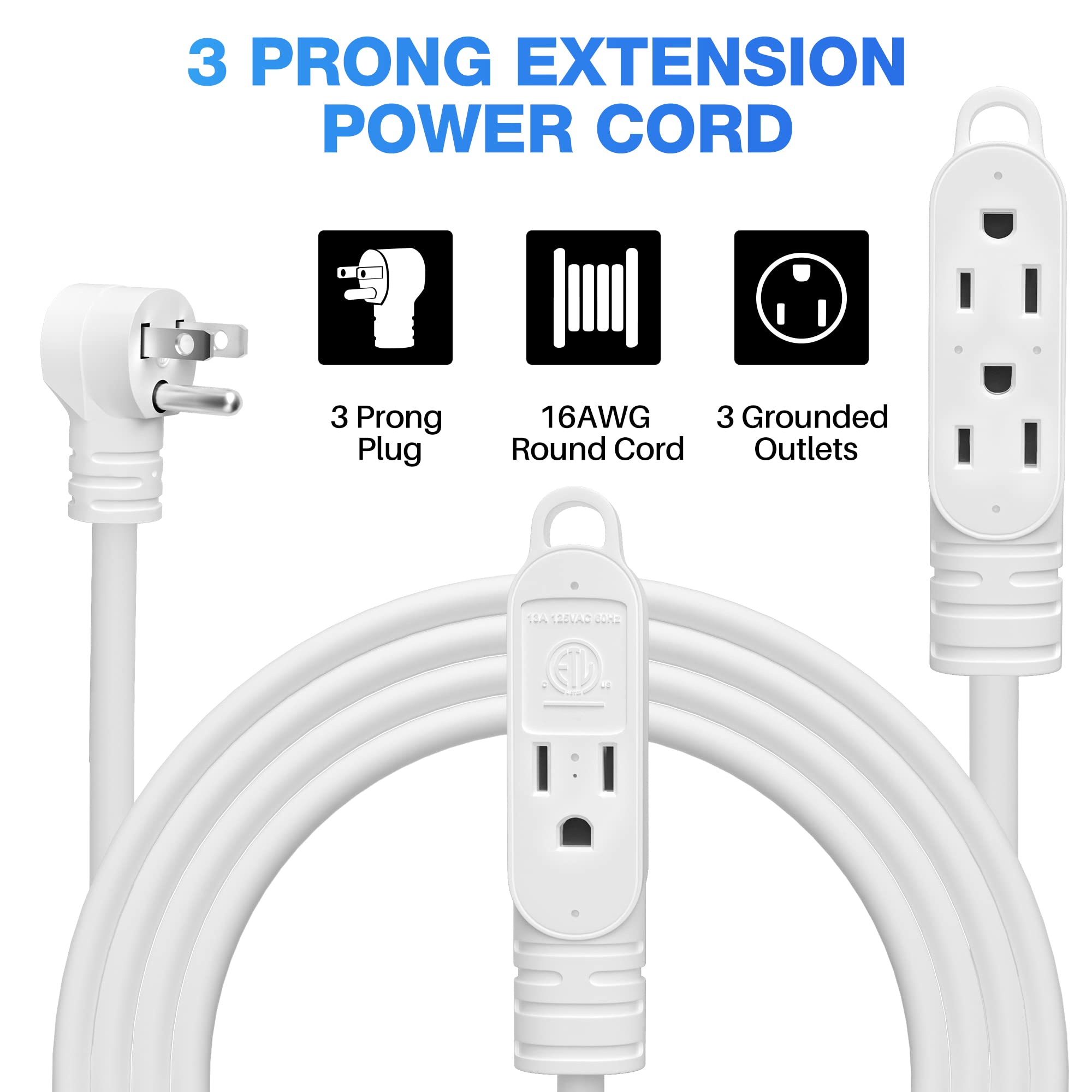 3 Prong Power Extension Cord With Multiple Outlets 6 Ft, 16/3 Gauge Multi 3 Outlet Wire, 90 Degree Angled Male Plug, 16 Awg Grou