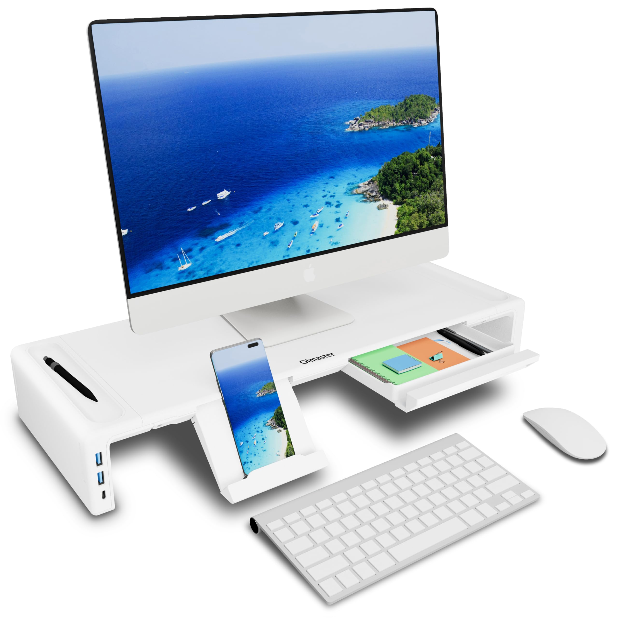 Oimatser Monitor Stand Riser 3.0 Usb Hub, Type C Data Port, Foldable Computer Monitor Riser, Adjustable Length Computer Stand An