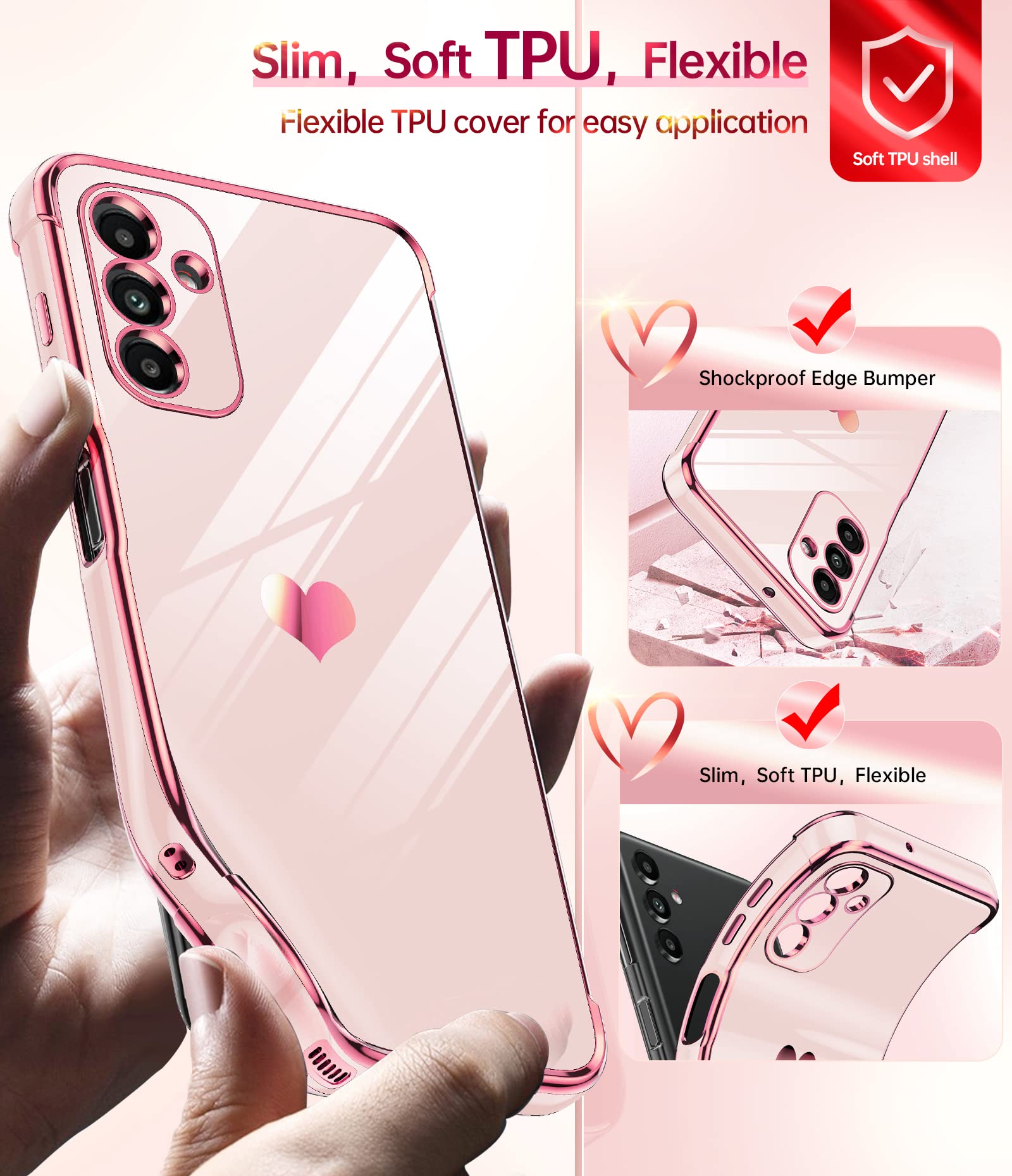 LeYi Samsung Galaxy A13 5G Case Love Heart Plated TPU Shockproof Pink with 2 Screen Protectors