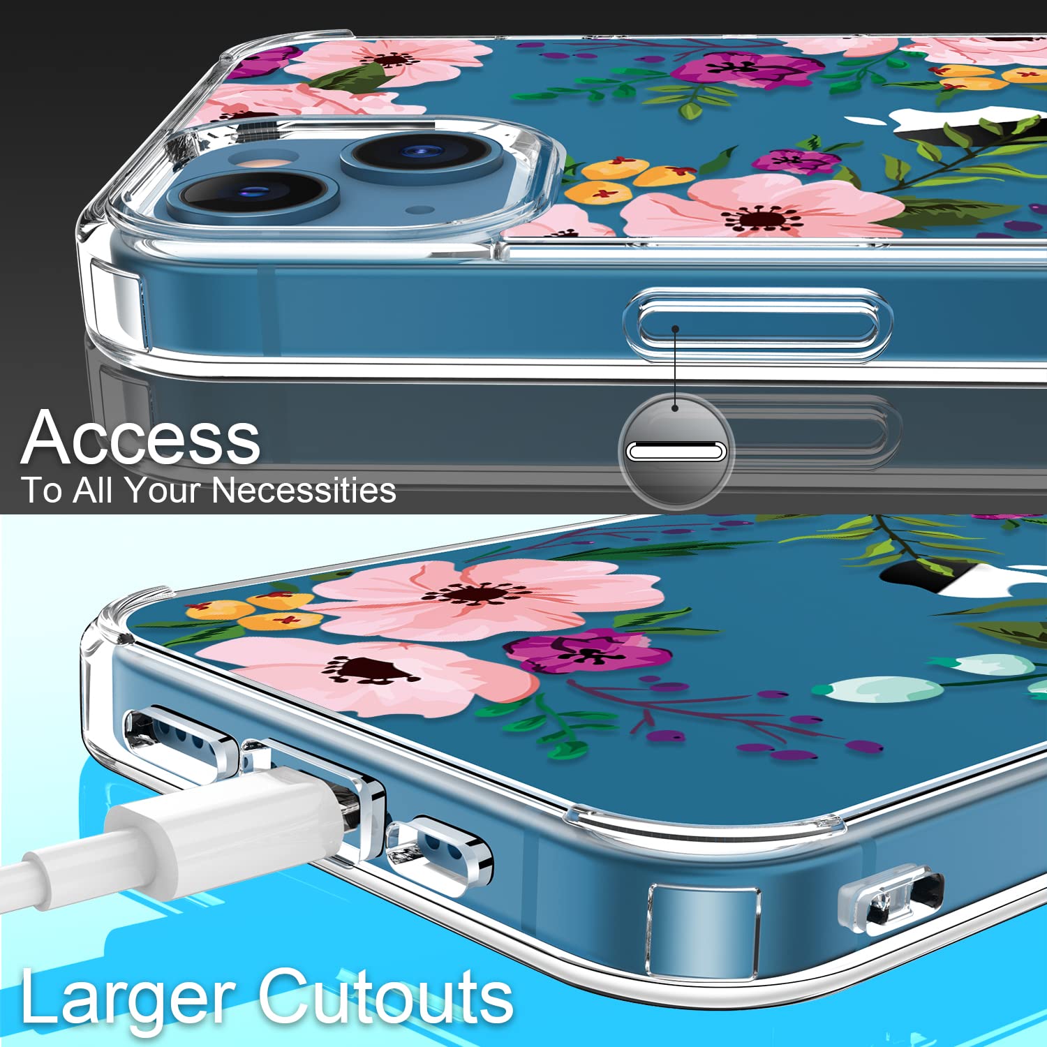 Giika For Iphone 13 Case With Screen Protector, Clear Full Body Protective Floral Girls Women Shockproof Hard Case With Tpu Bump