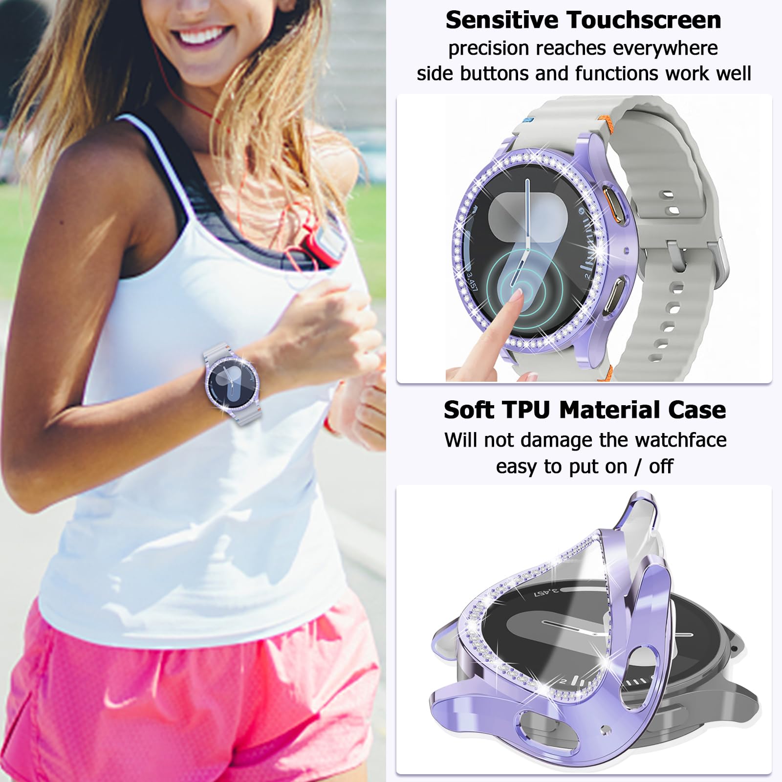 [2Pack] Richone Bling Case For Samsung Galaxy Watch 7 44Mm Screen Protector Clear Cases, Rhinestones Glitter Bumper Soft Face Co