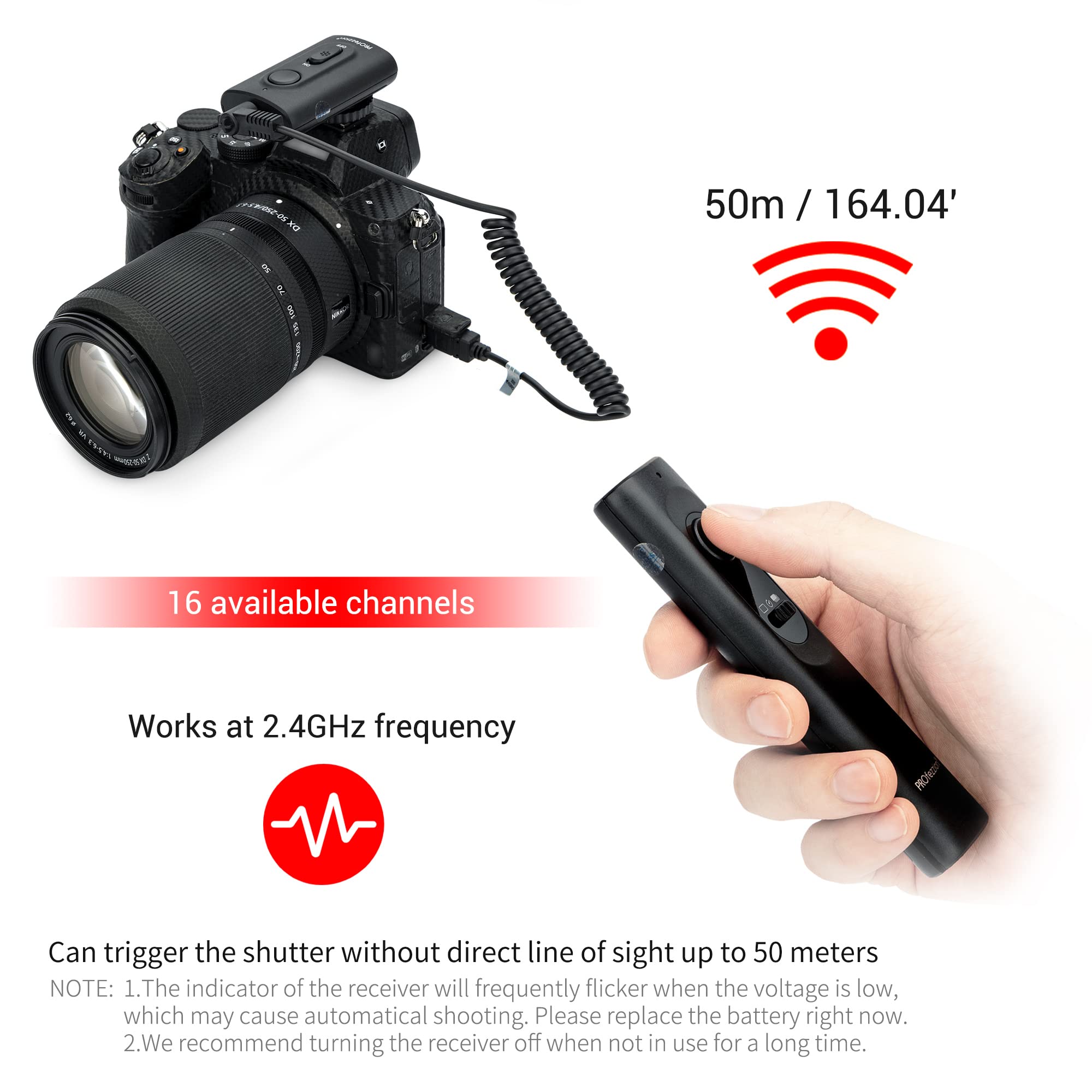 Profezzion [164'] Wireless Shutter Release Remote Control For Nikon Z6 Z7 Z7Ii Z6 Iii Z5 D750 D780 D7500 D7200 D5600 D5500 D5300