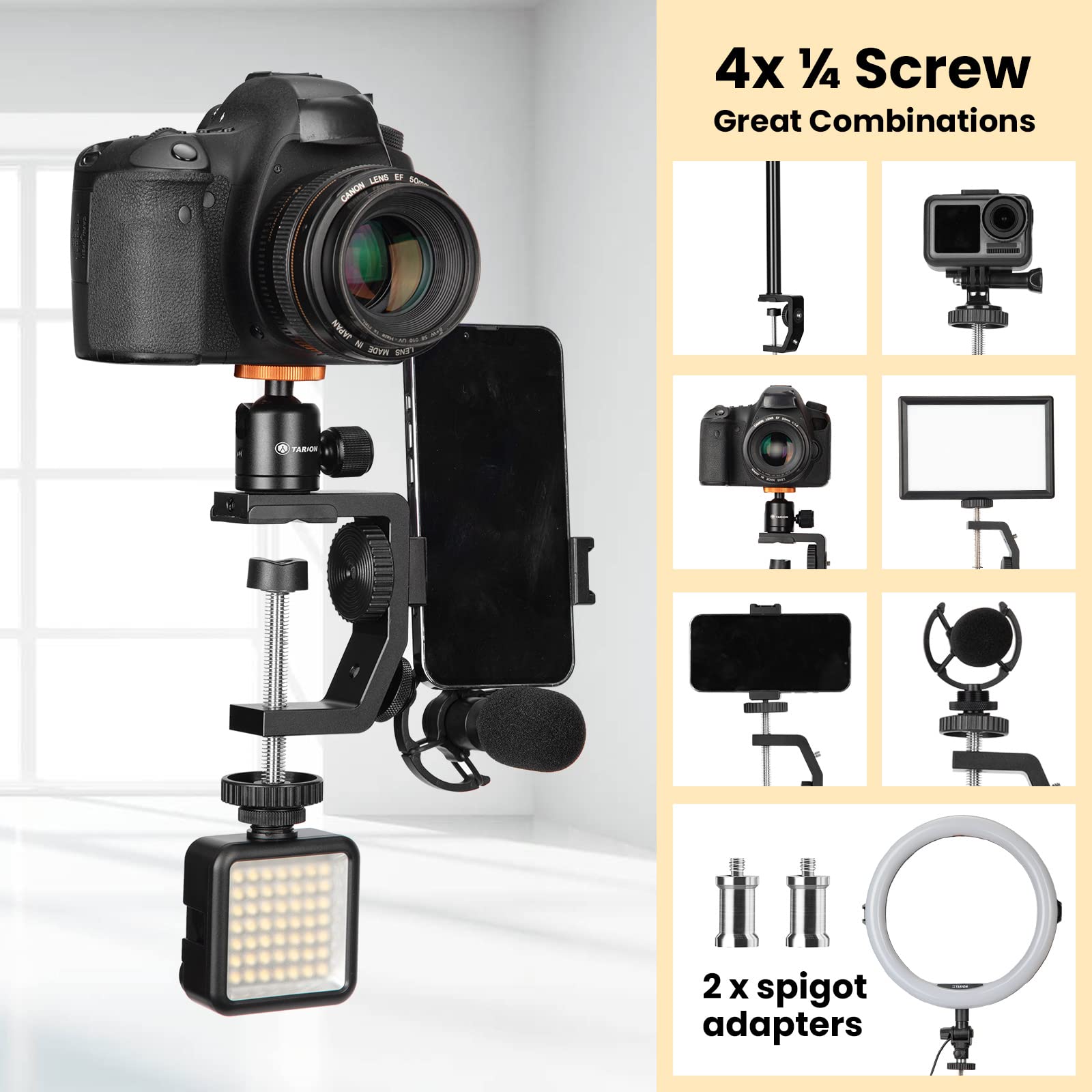 Tarion C Clamp Stand Camera Desk Mount With Standard 1/4 Screw, Ball Head And 33 60Cm Adjustable Extension Rod For Vlogging Live Stream Photo Studio Light Photography Filming