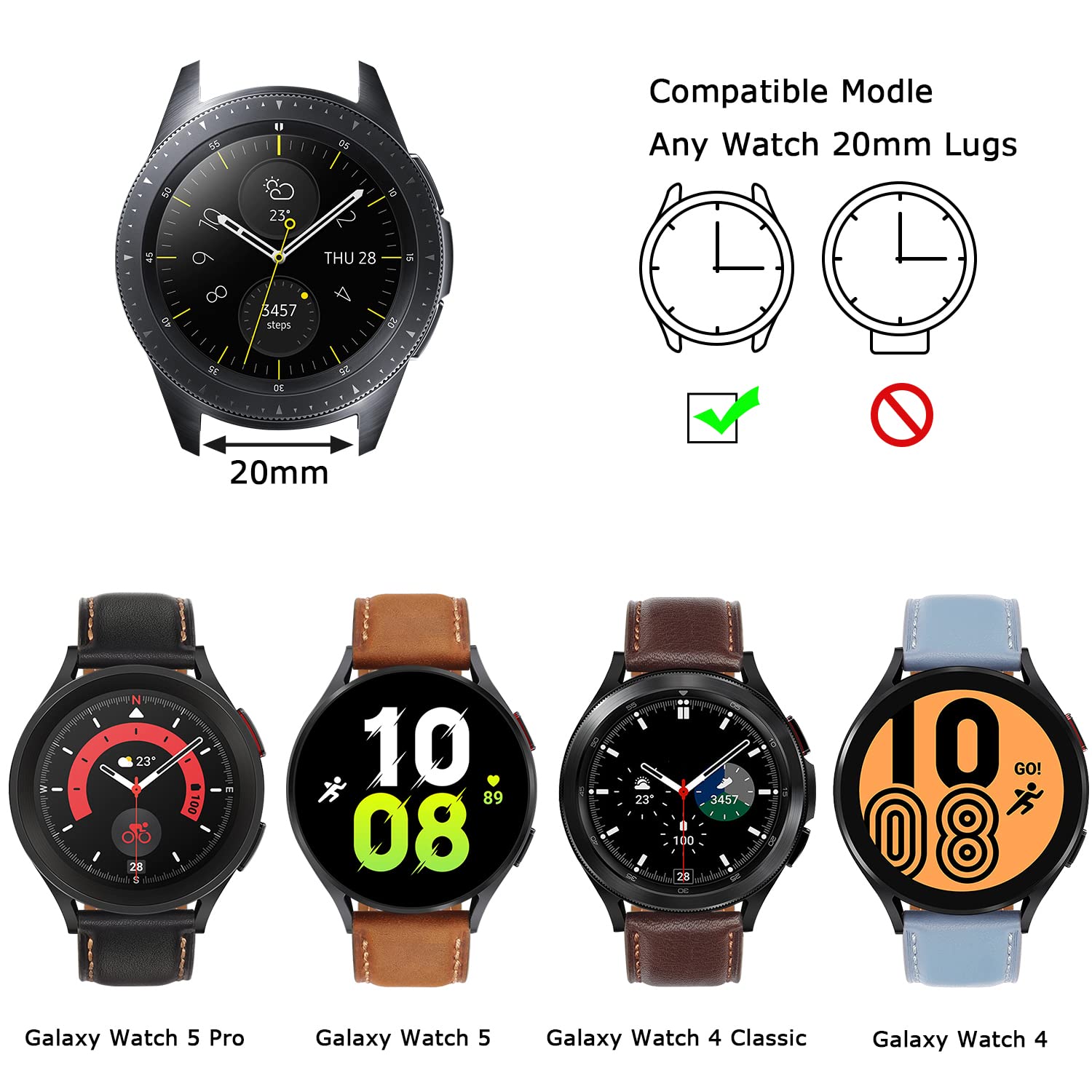 Tasikar 20Mm Leather Bands Compatible With Samsung Galaxy Watch 5/Watch 5 Pro/Galaxy Watch 4 Band, Genuine Leather Replacement S