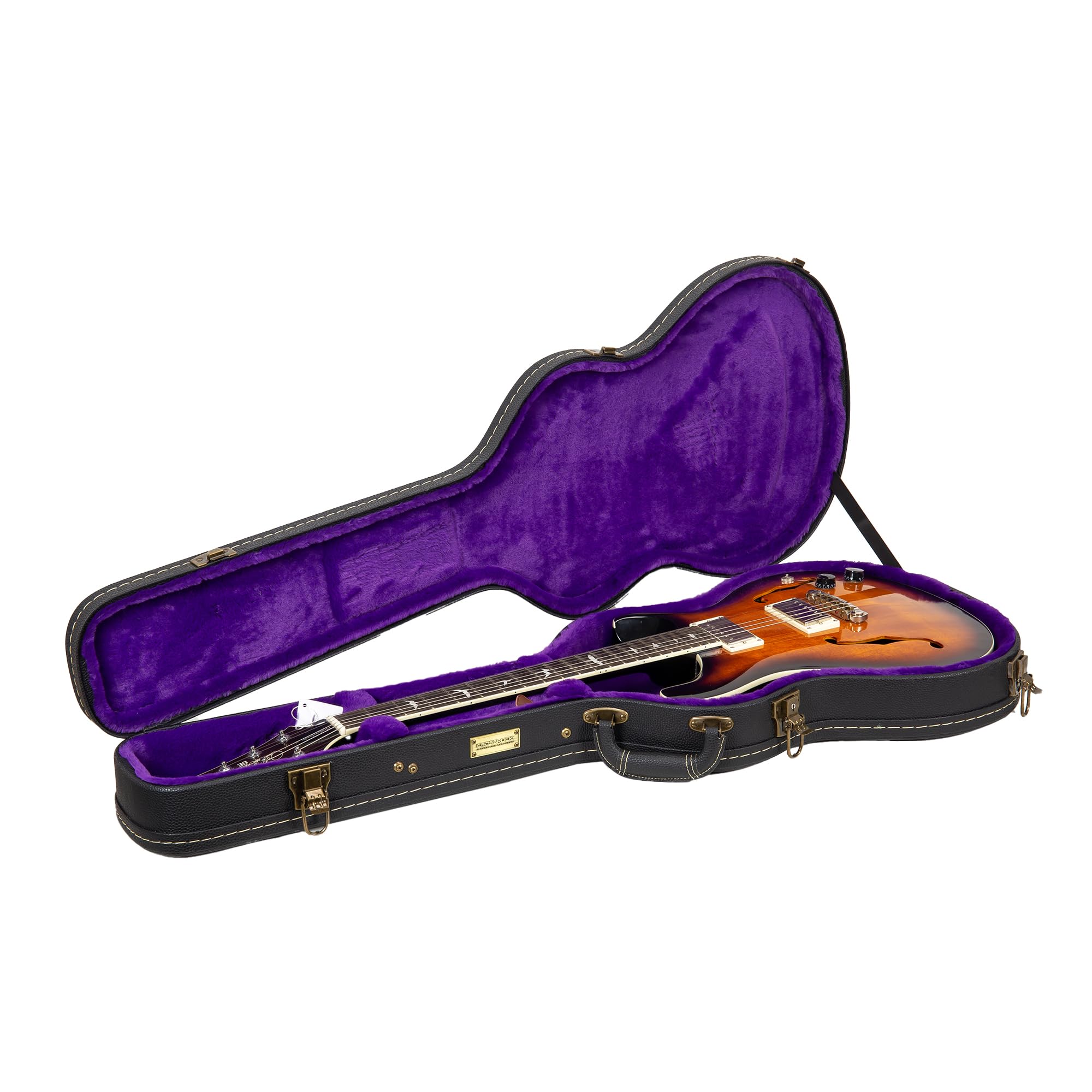 Crossrock Wooden Guitar Case -Fits PRS SE Hollowbody Guitars -Vintage Hardware, Sponge Lining, Metal Feet, Storage Space-Black (