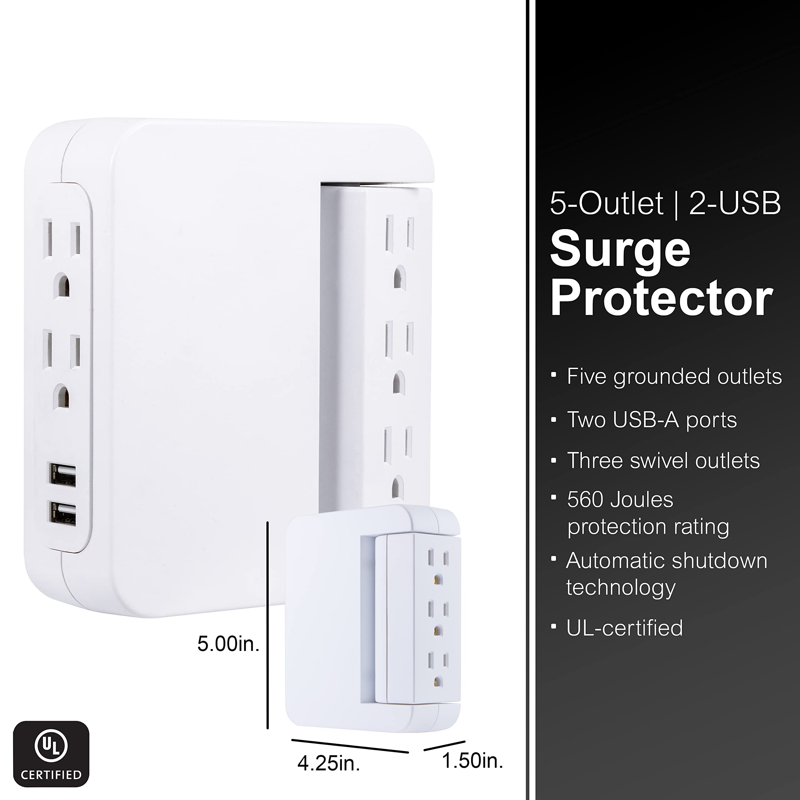 Ge Pro Side Access Swivel Surge Protector, 5 Outlet Extender With 2 Usb Ports, Wall Tap Adapter, Charging Station, 3 Prong, 560