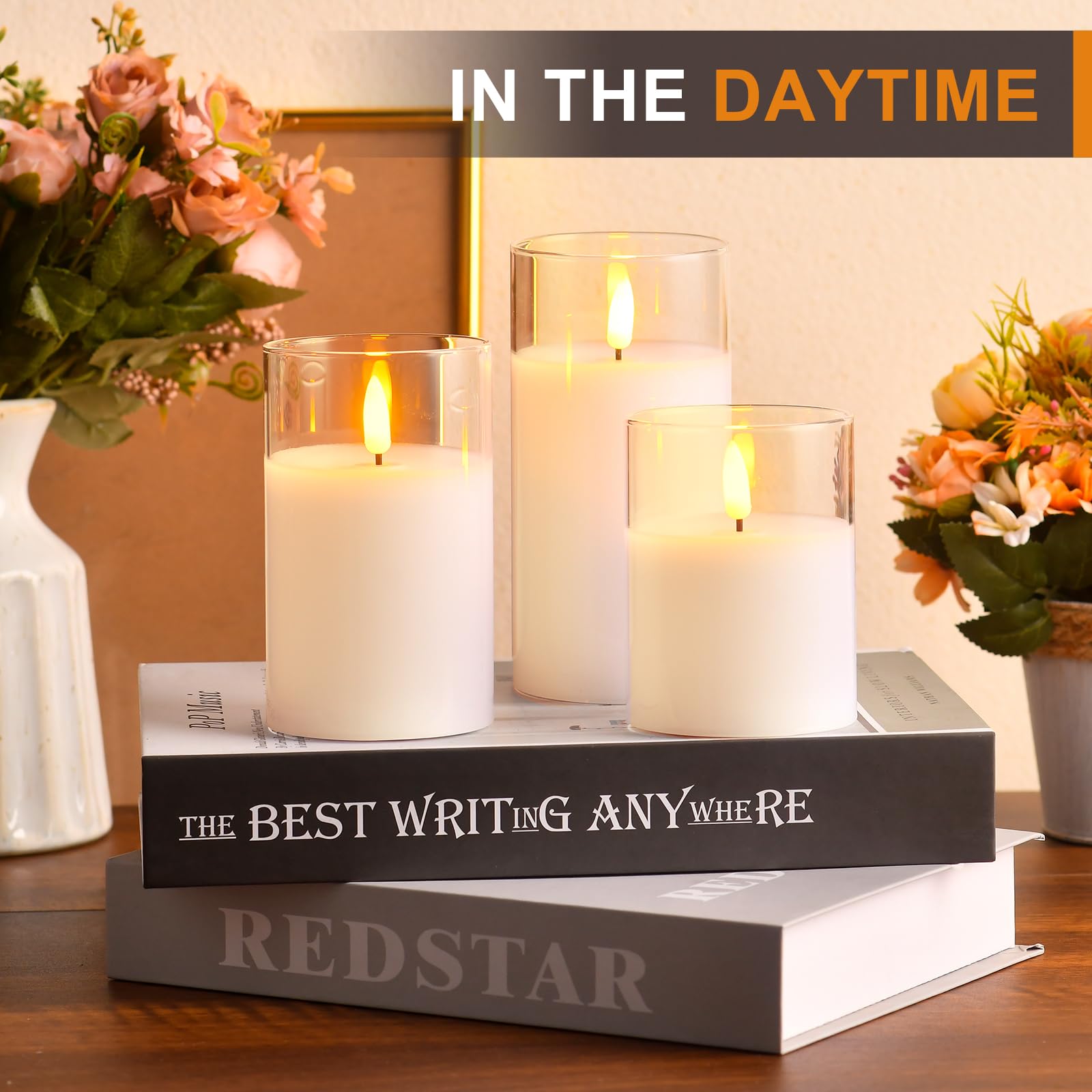 Glass Battery Operated Led Pillar Flameless Candles With10-Key Remote And Timer, Real Wax Candles Warm Color Wick Flickering Lig