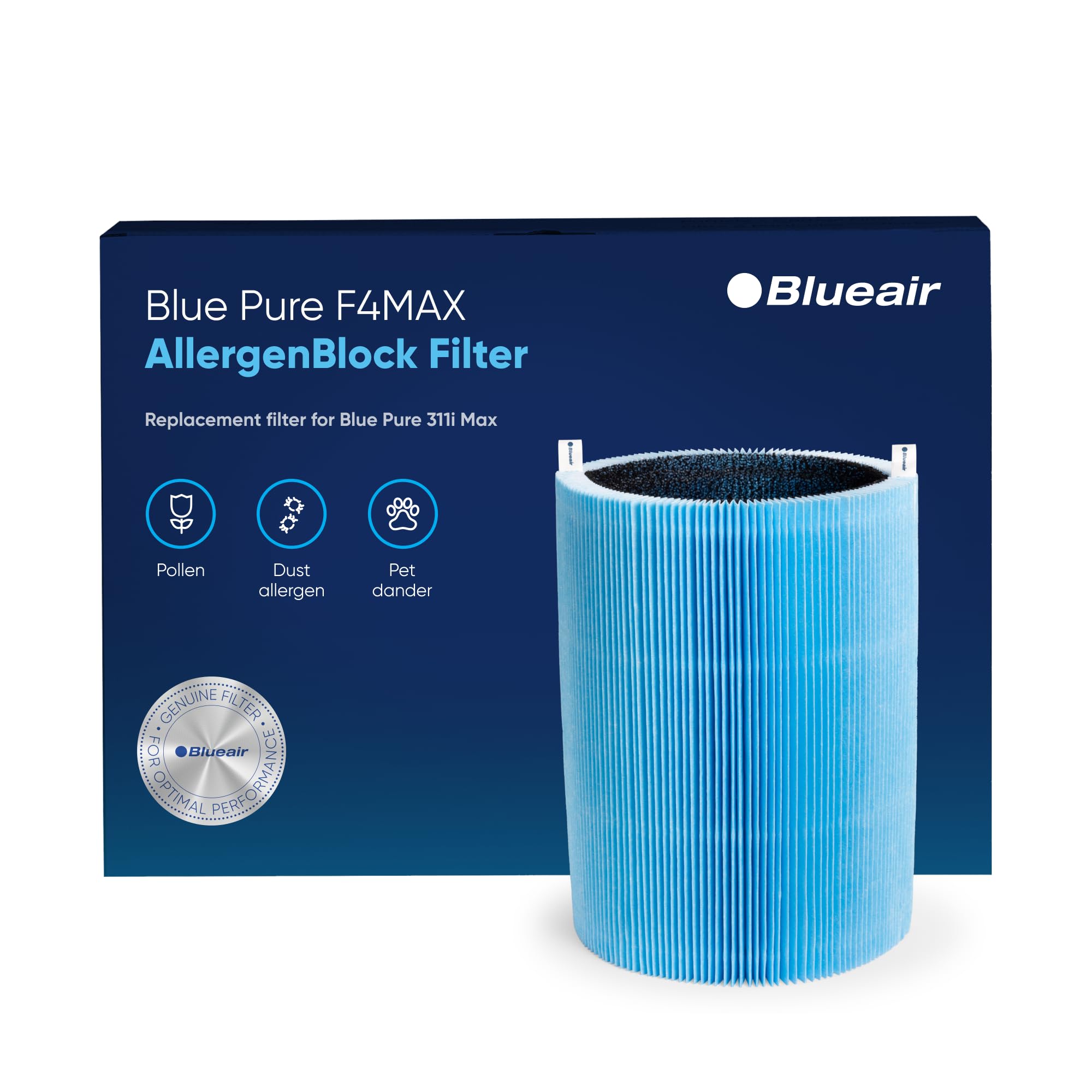 Blueair Blue Pure 411 Max Series Allergenblock Filter, Genuine Replacement Blueair Filter, Allergies Pollen Dust Pet Dander,411