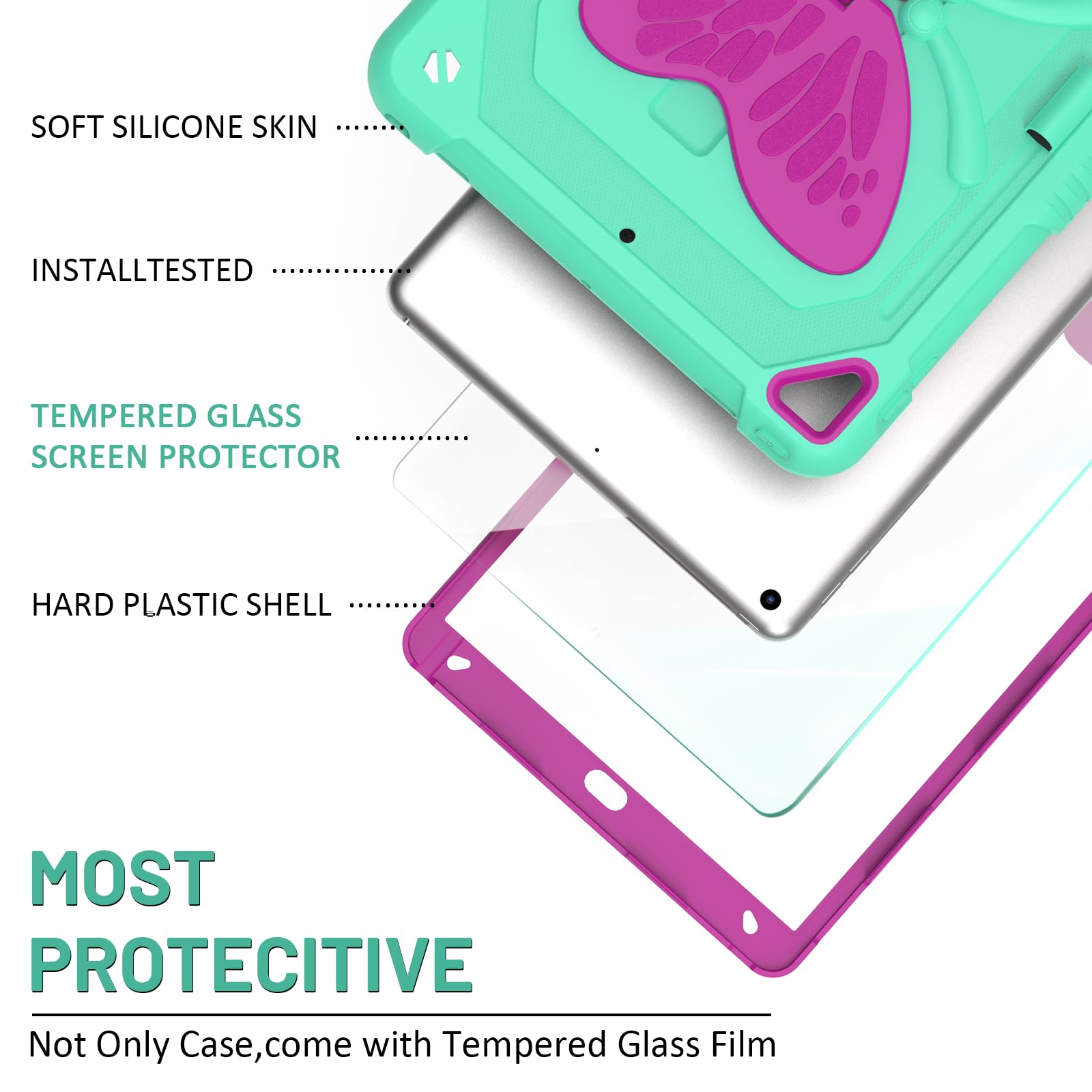 Ambison Case For Ipad 9Th/8Th/7Th Generation 10.2 Inch With Glass Screen Protector,Rugged Shockproof Protective Cover For Kids Girls Butterfly Stand,Shoulder Strap For Ipad 2021/2020/2019 Mint