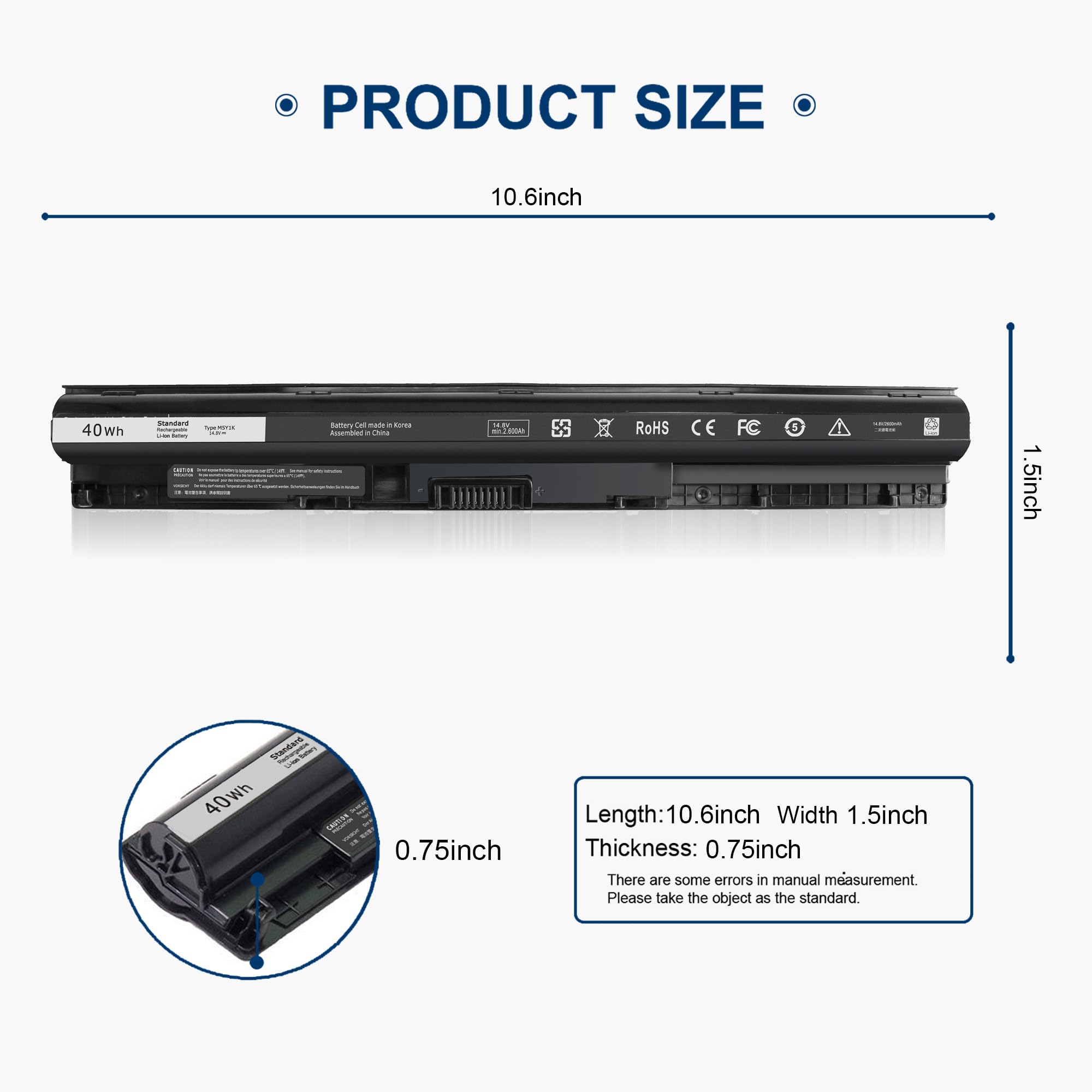 M5Y1K Laptop Battery Compatible With Dell Inspiron 40Wh 14.8V,14 15 17 3000 5000 Series,5558 5559 3551 453 Bbbr 3452 3451 3458N