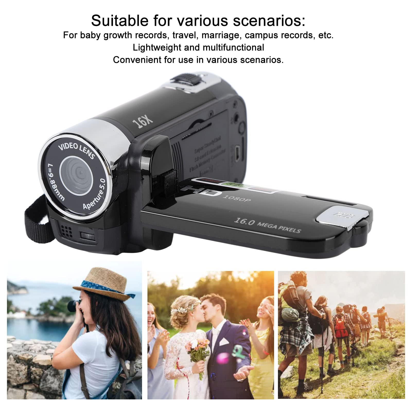 Handheld Video Camcorder, 1080P 16Mp Camera 16X Digital Zoom Video Camera With 2.7In Tft Rotatable Screen And Usb Cable (Black)