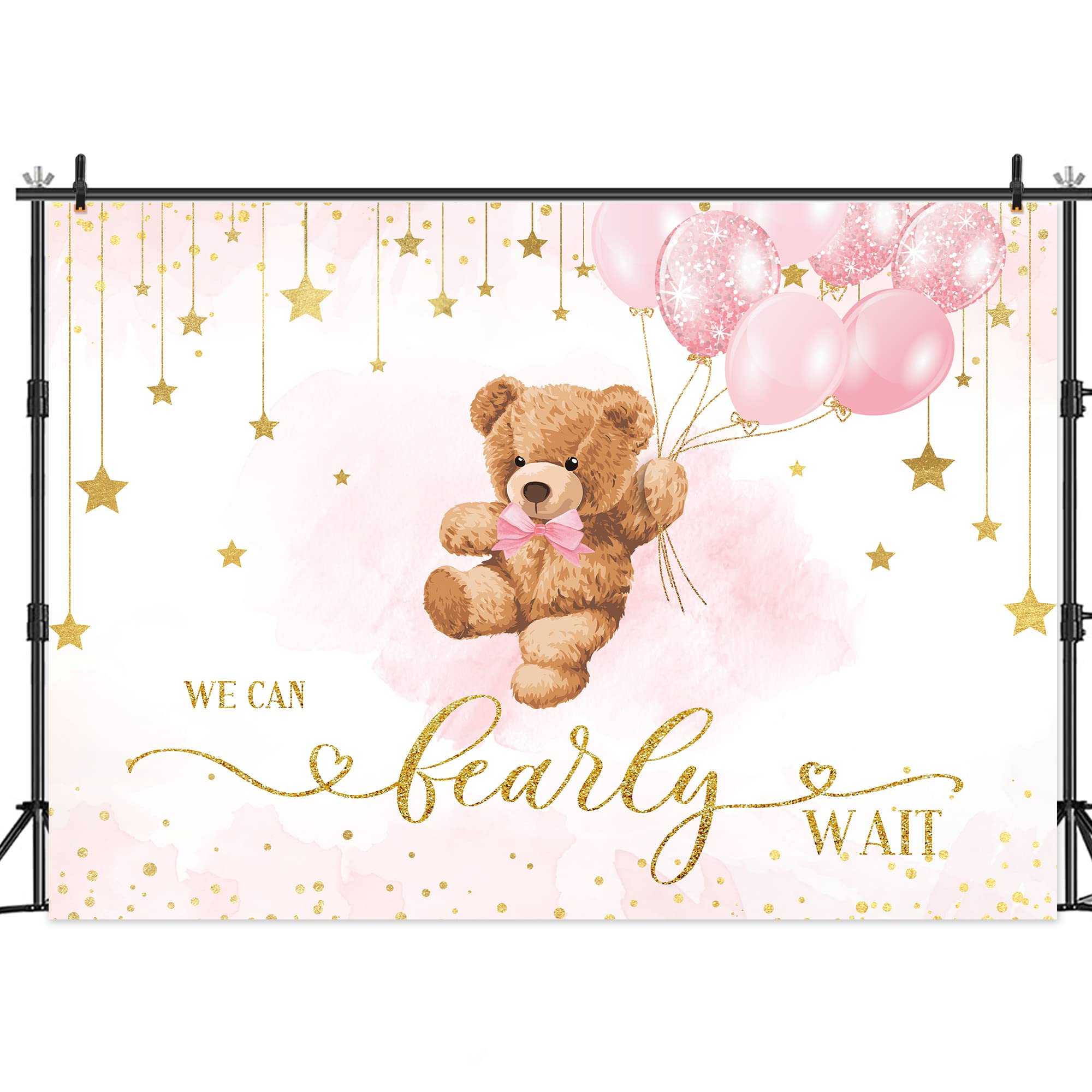 Lightinhome Bear Girl Baby Shower Backdrop 7Wx5H Feet We Can Bearly Wait Pink Balloons Gold Star Cartoon Brown Bear Girl Baby Sh