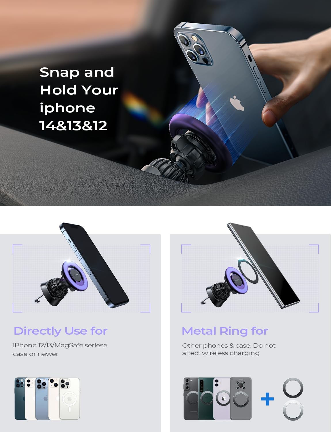 Lisen Fits Magsafe Car Mount Car Phone Holder,Strong Magnetic Phone Holder For Car Magsafe, Dashboard Vent Iphone 16 Car Mount H