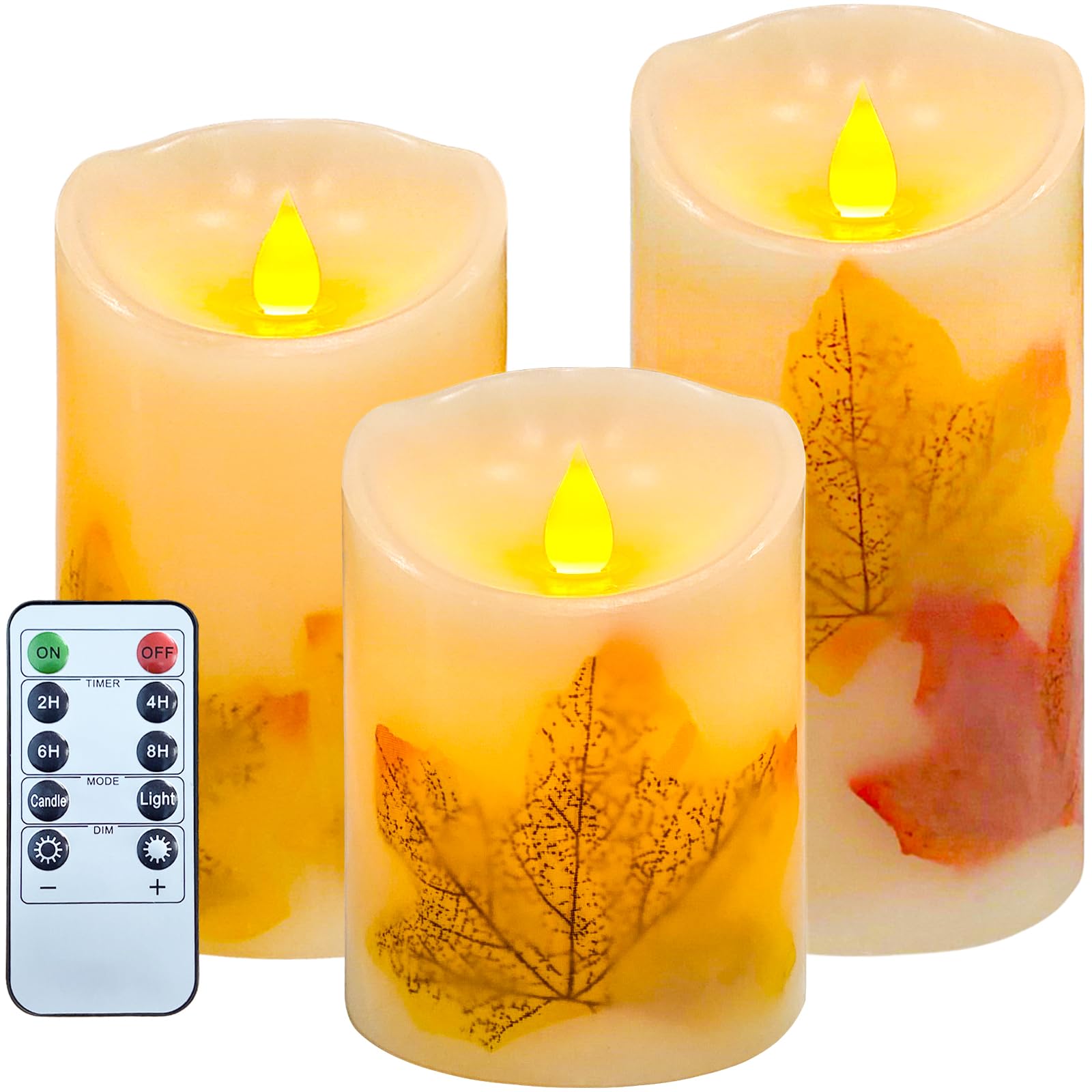 Aveki Led Candle Lights, 3 Pcs Flickering Flameless Maple Leaf Candle Lights With Remote & Timer Battery Operated Led Electric F