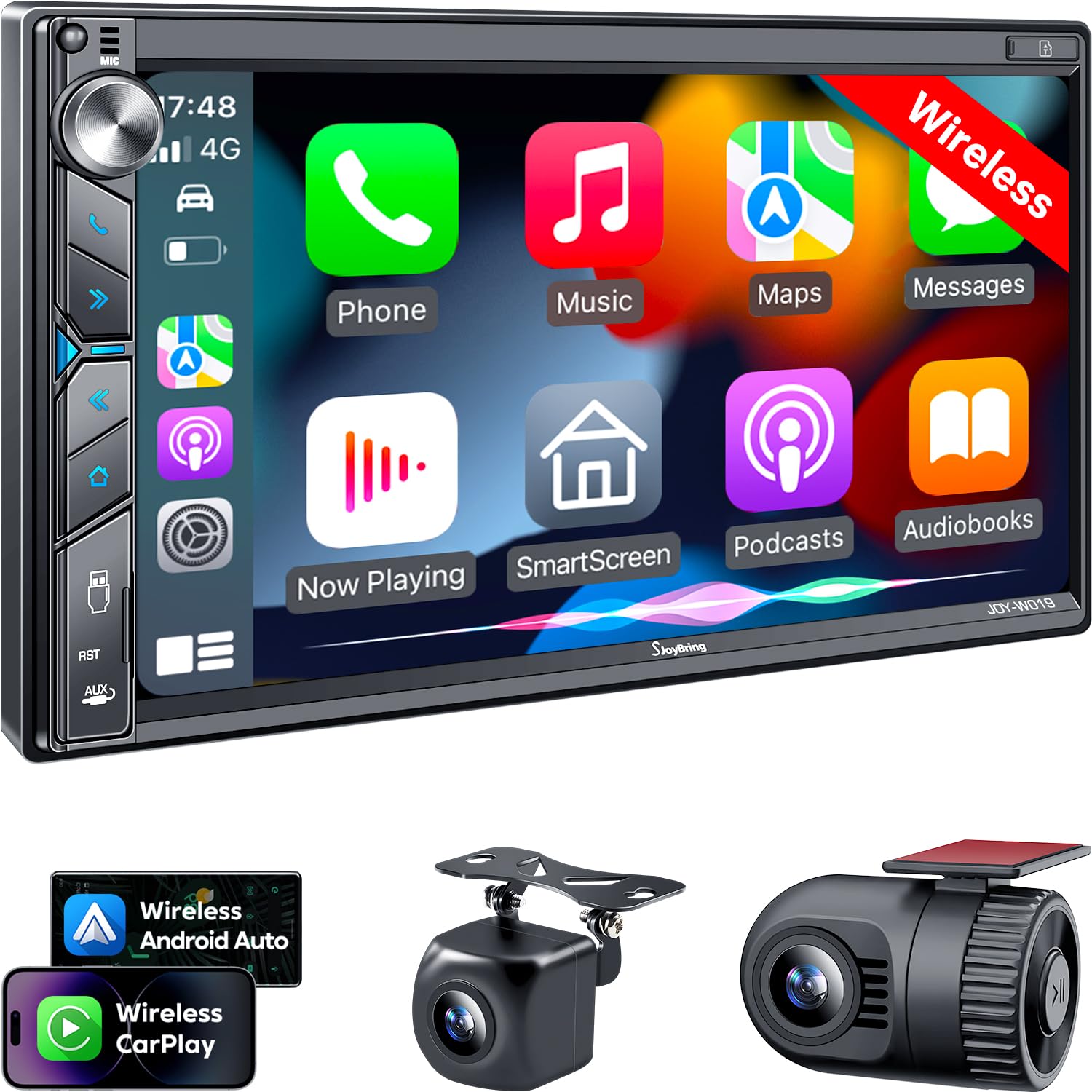 Sjoybring Upgrade Wireless Double Din Car Stereo With Apple Carplay, Android Auto, Dash Cam, Bluetooth, 4 Channel Rca, 2 Subwoof