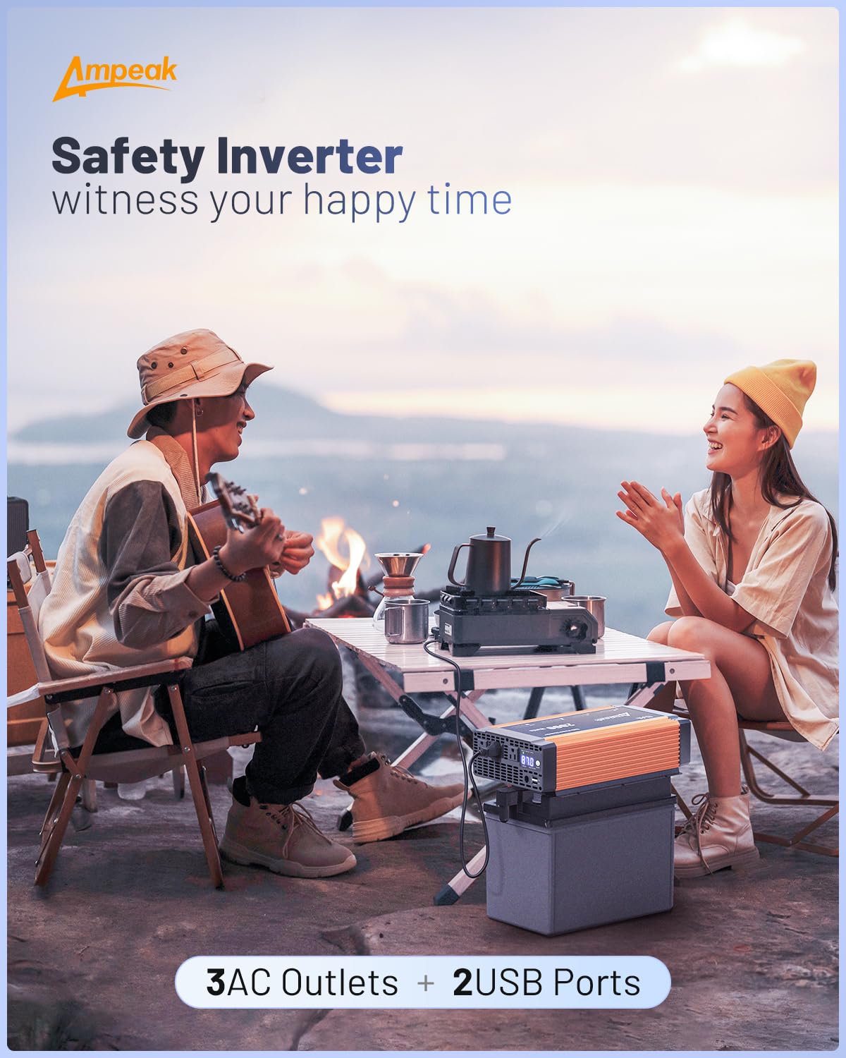 Ampeak 2000W Power Inverter Conversion Efficiency 89.37% Inverter 12V To 110V 3Ac Outlets Dual 5V/3.1A Usb Ports Modified Sine P