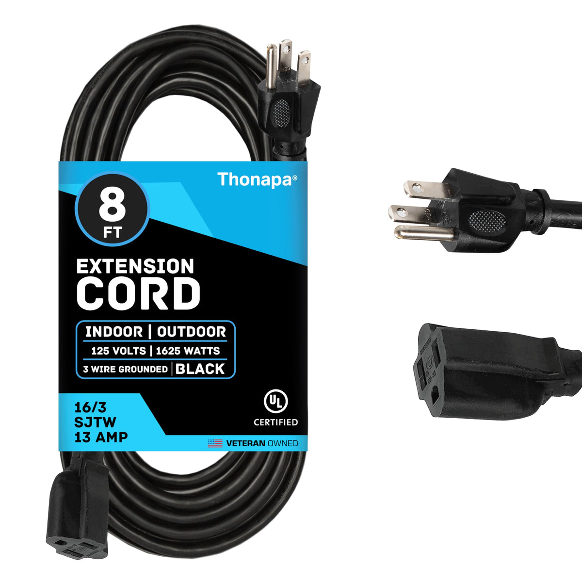 Thonapa Weatherproof Black Extension Cord 8 Ft, 16/3 Christmas Light Extension Cord Outdoor 8 Foot 3 Prong, 16/3 Sjtw 13 Amp Out