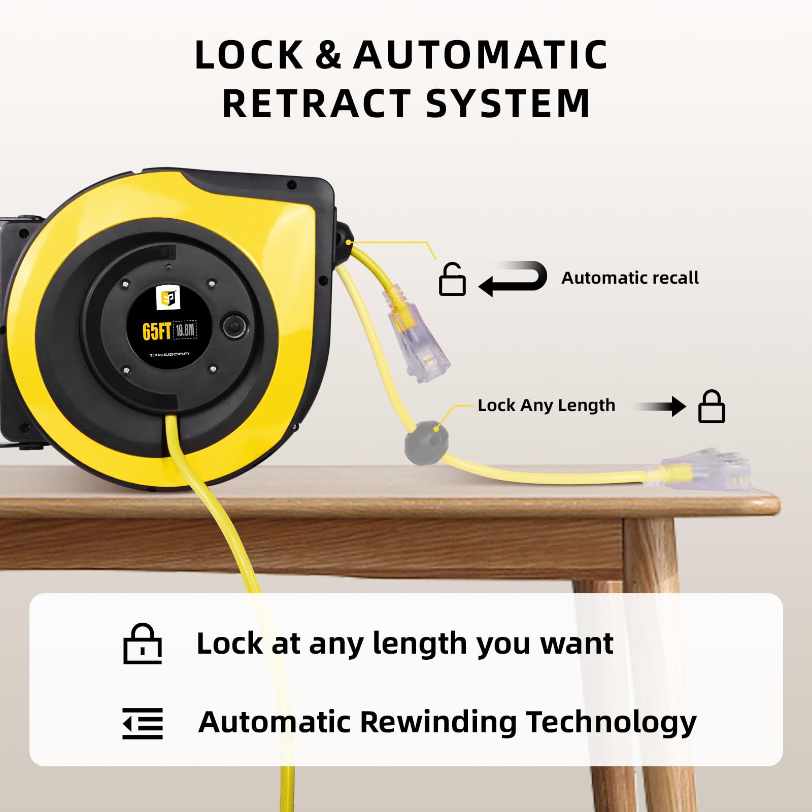 Ep Retractable Extension Cord Reel,65 Feet 12 Awg/3C Sjtow Heavy Duty Power Cord,15 Amp Circuit Breaker, 3 Lighted Triple Outlet