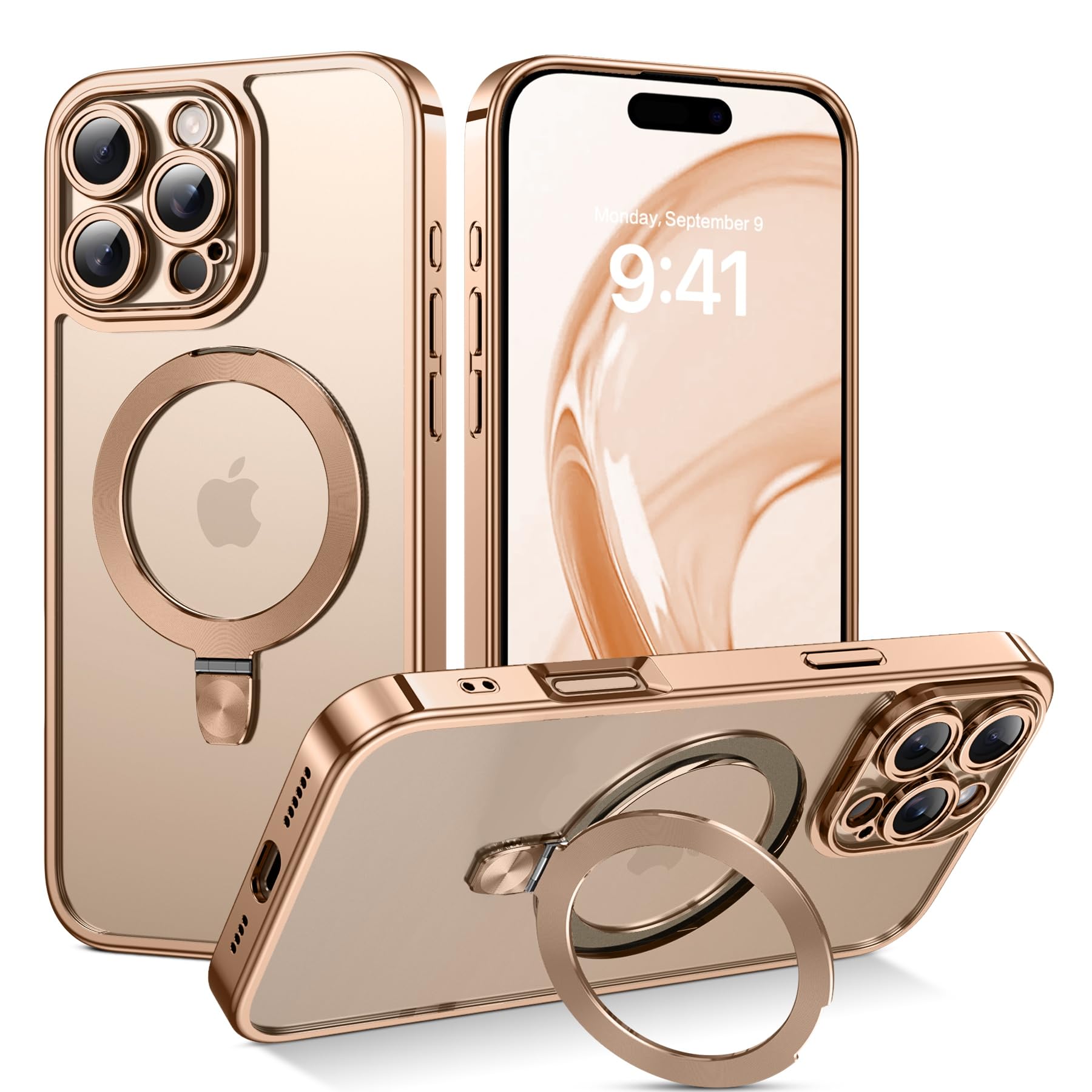 Veningo Iphone 16 Pro Max Case, Magnetic Slim Thin Magsafe Plating Clear Back With Foldable Ring Holder Kickstand Shockproof Pro