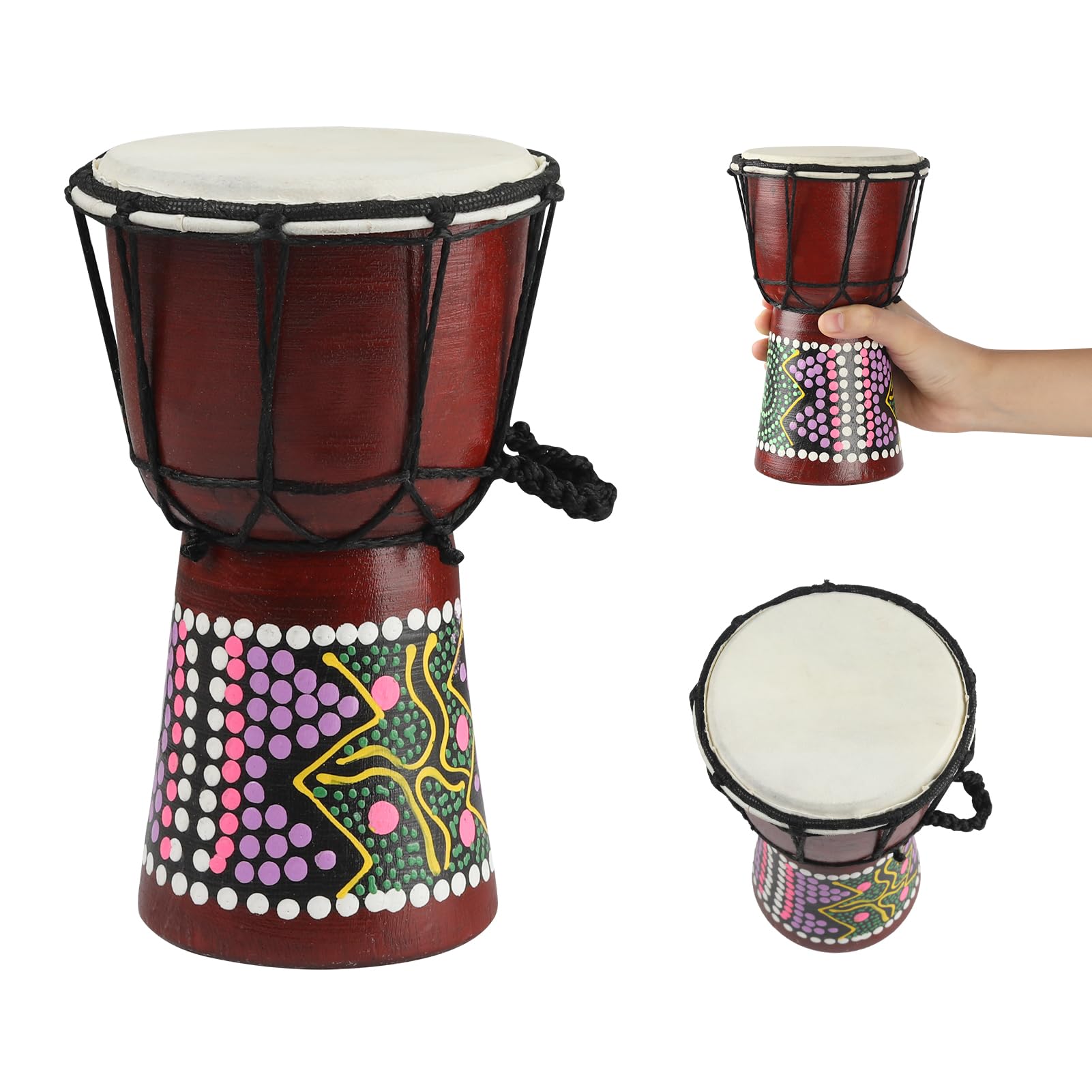 Mini Wood Djembe Drum, 4.5   x 8  Carved Mahogany African Drums with Goatskin Drumhead, West African Styled Professional Sma