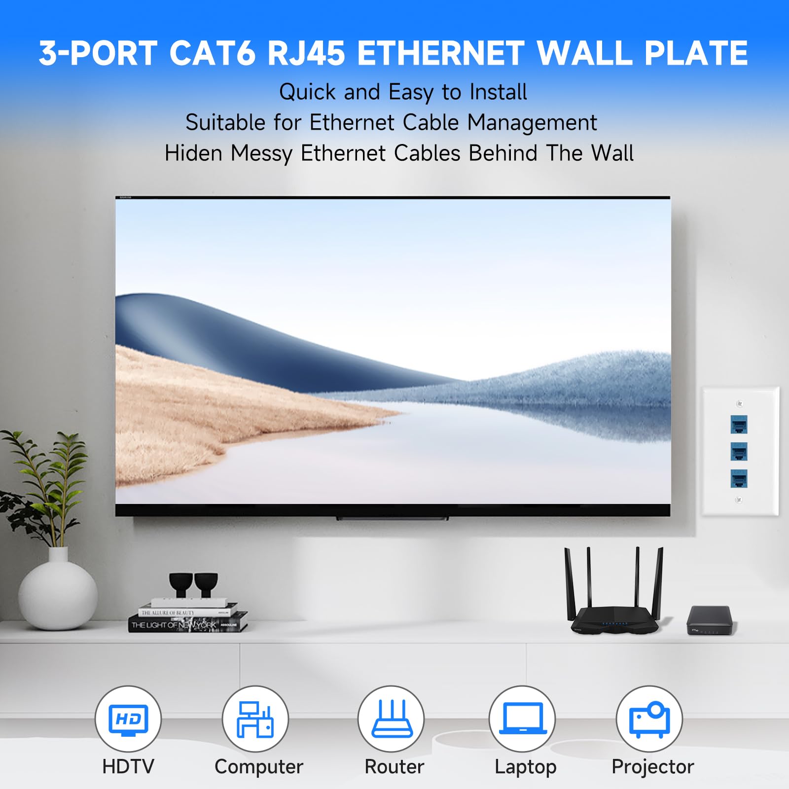ANONION 4 Pack Ethernet Wall Plate 3-Port Cat6 Keystone Jack RJ45 Female to Female with Low Voltage Mounting Bracket, White