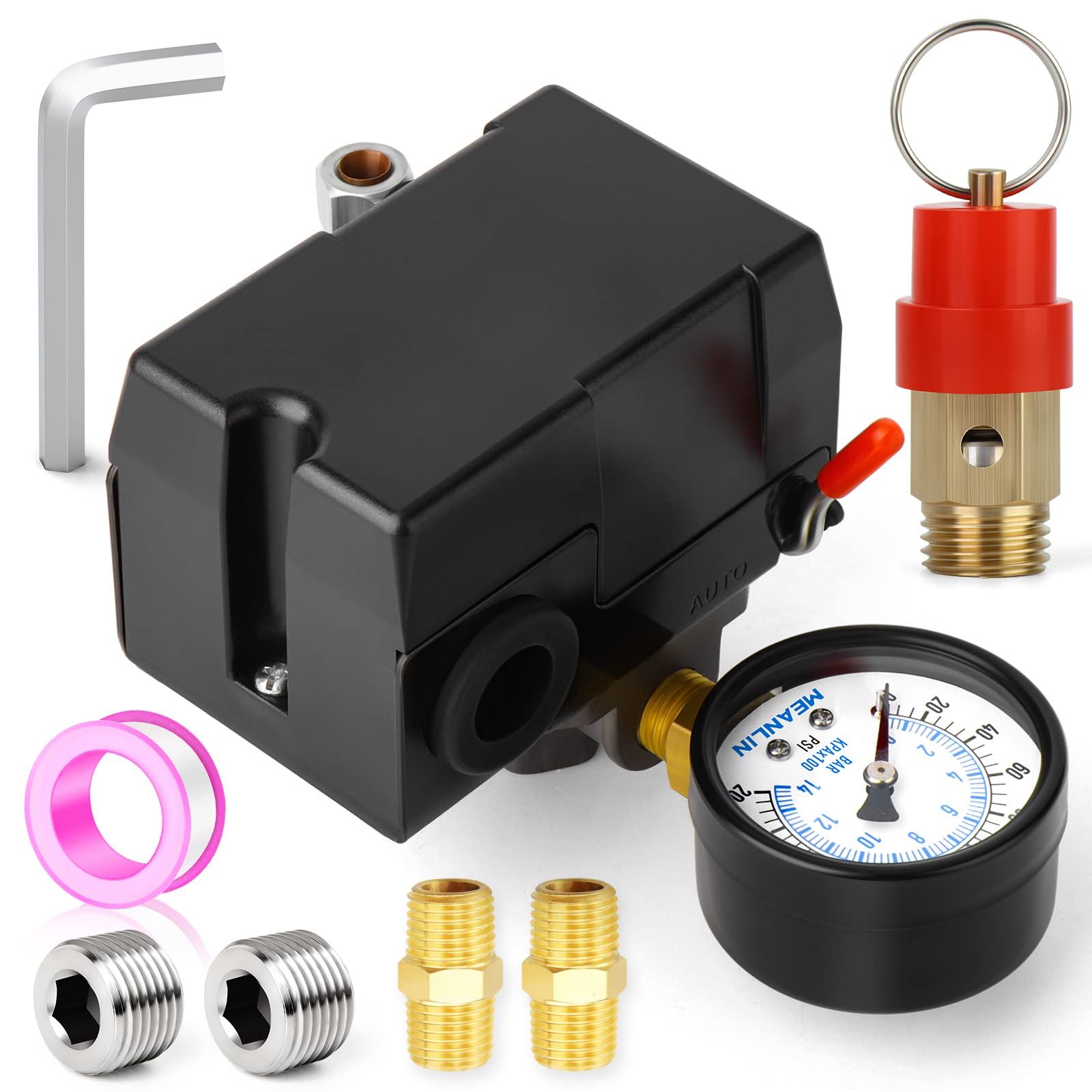 Meanlin Measure Air Compressor Pressure Switch Control Valve 95 125 Psi 110V 240V 4 Way Replacement Parts With 0 200 Pressure Ga