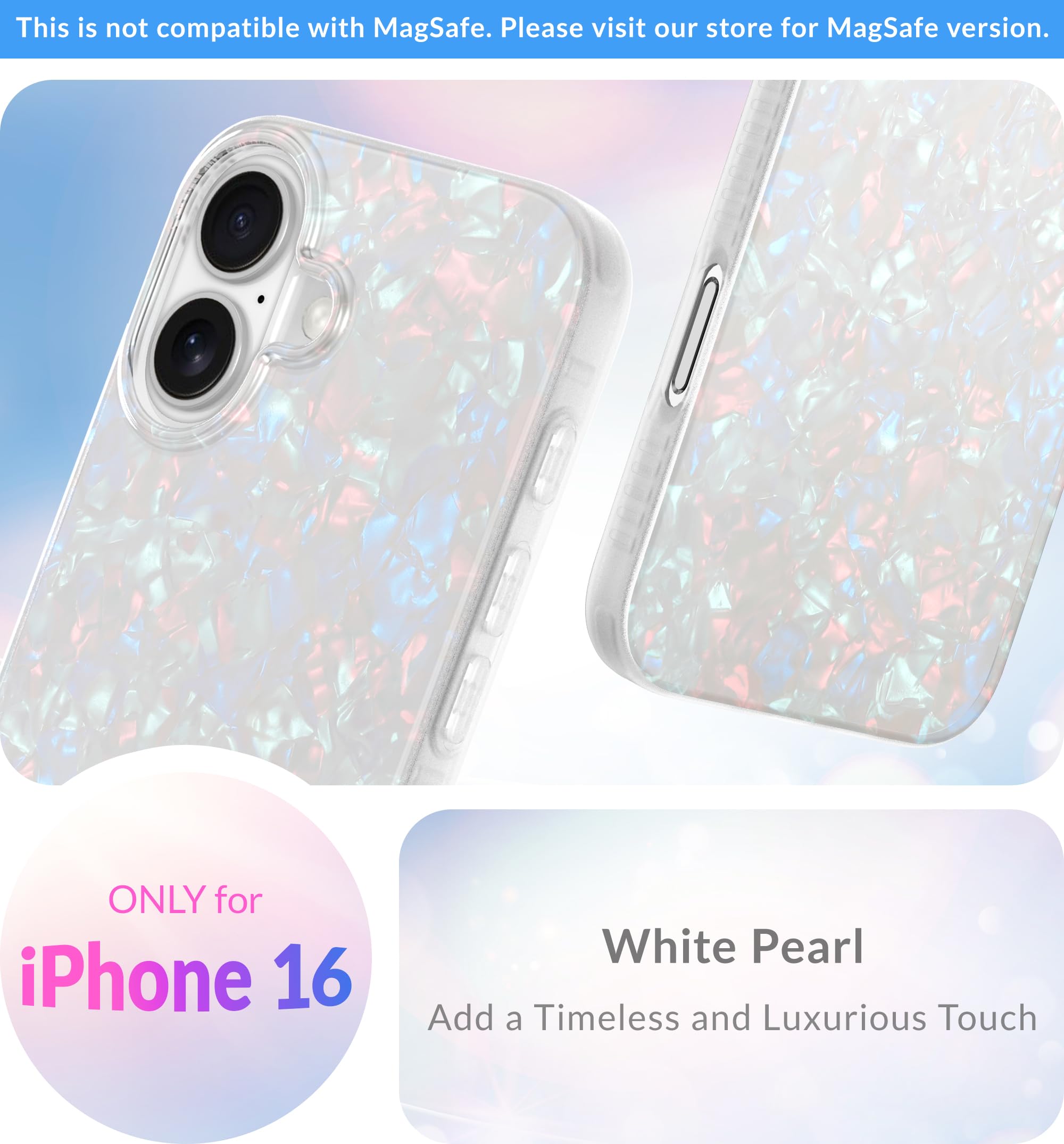 Lonli Hue   For Iphone 16 Case   White Pearl Tort Phone Case   [360 Shock Absorbent Bumper]   Cute, Unique And Aesthetic Phone C