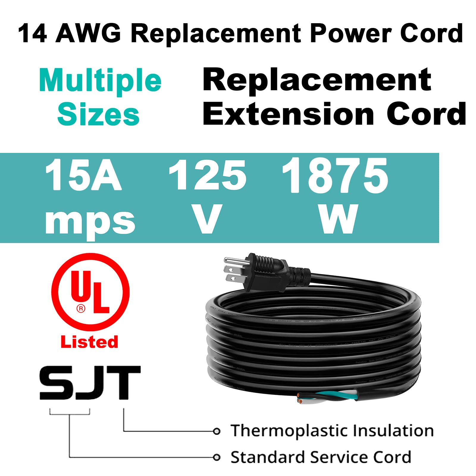 Lakczio 10 Ft 14 Awg 3 Prong Replacement Power Cord, 15 Amp 14 Gauge 3 Conductor Wire Extension Cable With Pigtail Open Wiring E