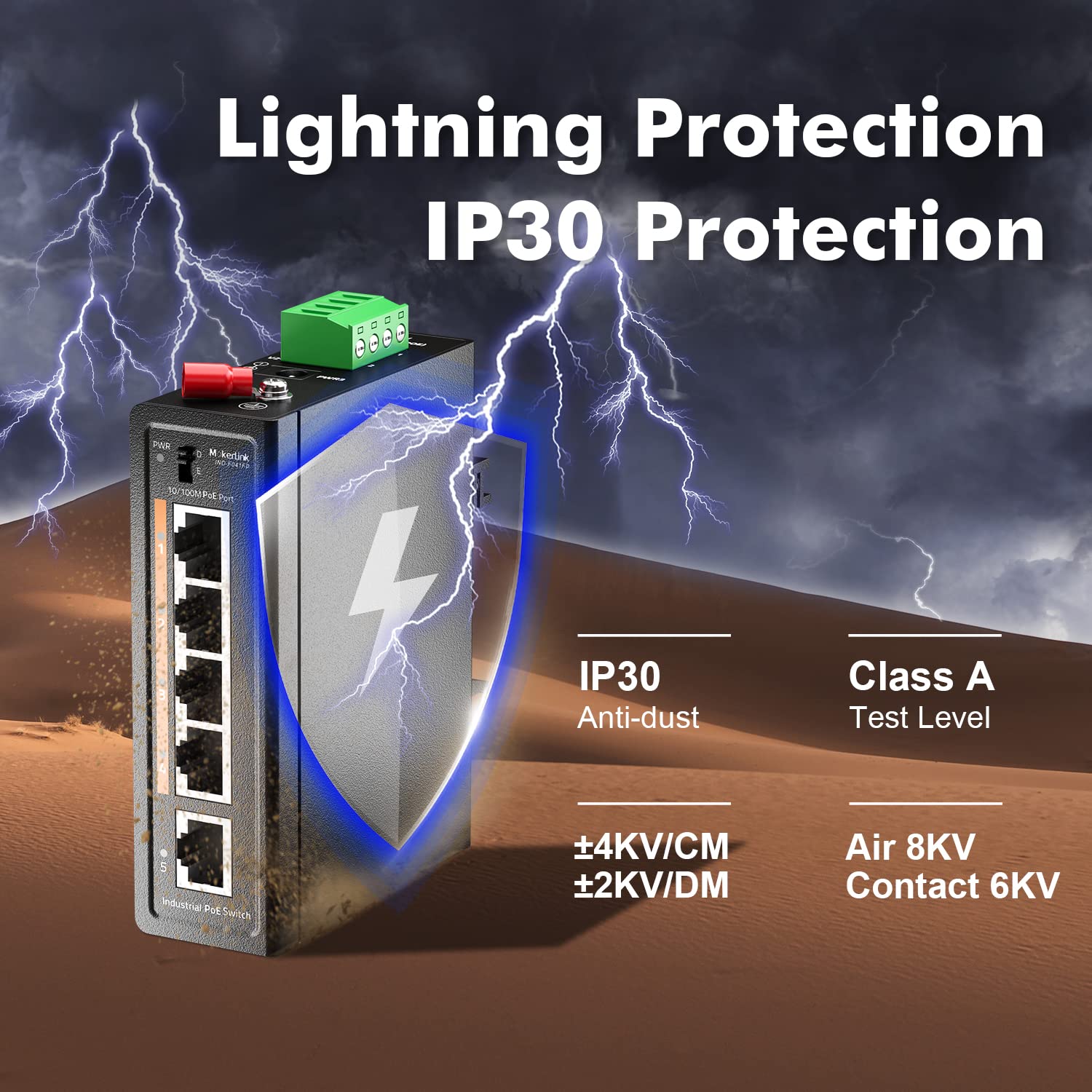 Mokerlink 5 Port Poe+ Industrial Din Rail Switch, 4 Ports Poe+ Ieee802.3Af/At, 1 Uplink, 10/100Mbps Fast Ethernet, Din Rail & Wa
