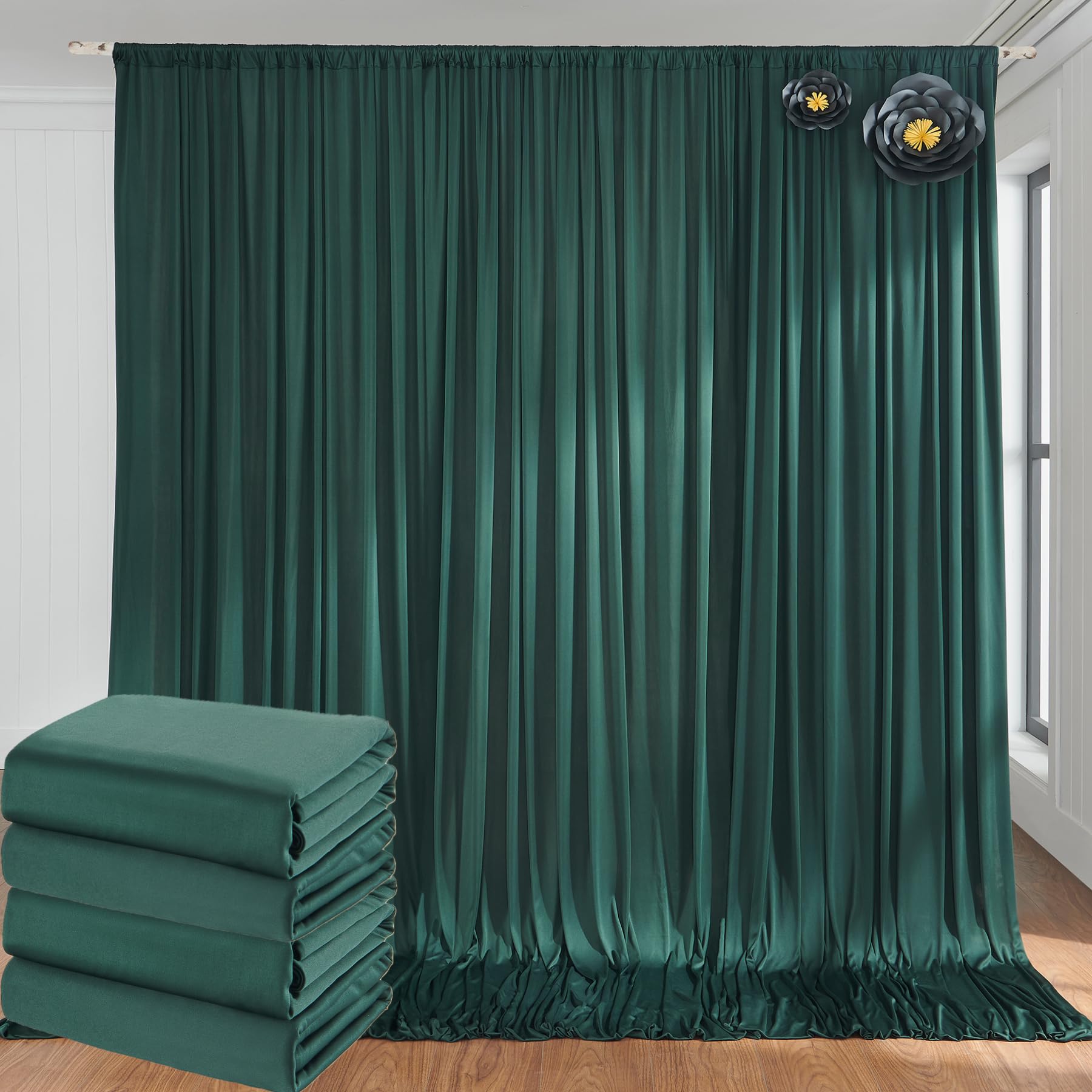 20Ft X 10Ft Wrinkle Free Hunter Green Backdrop Curtains For Parties, 4 Panels 5X10Ft Polyester Green Photo Backdrop Drapes For W