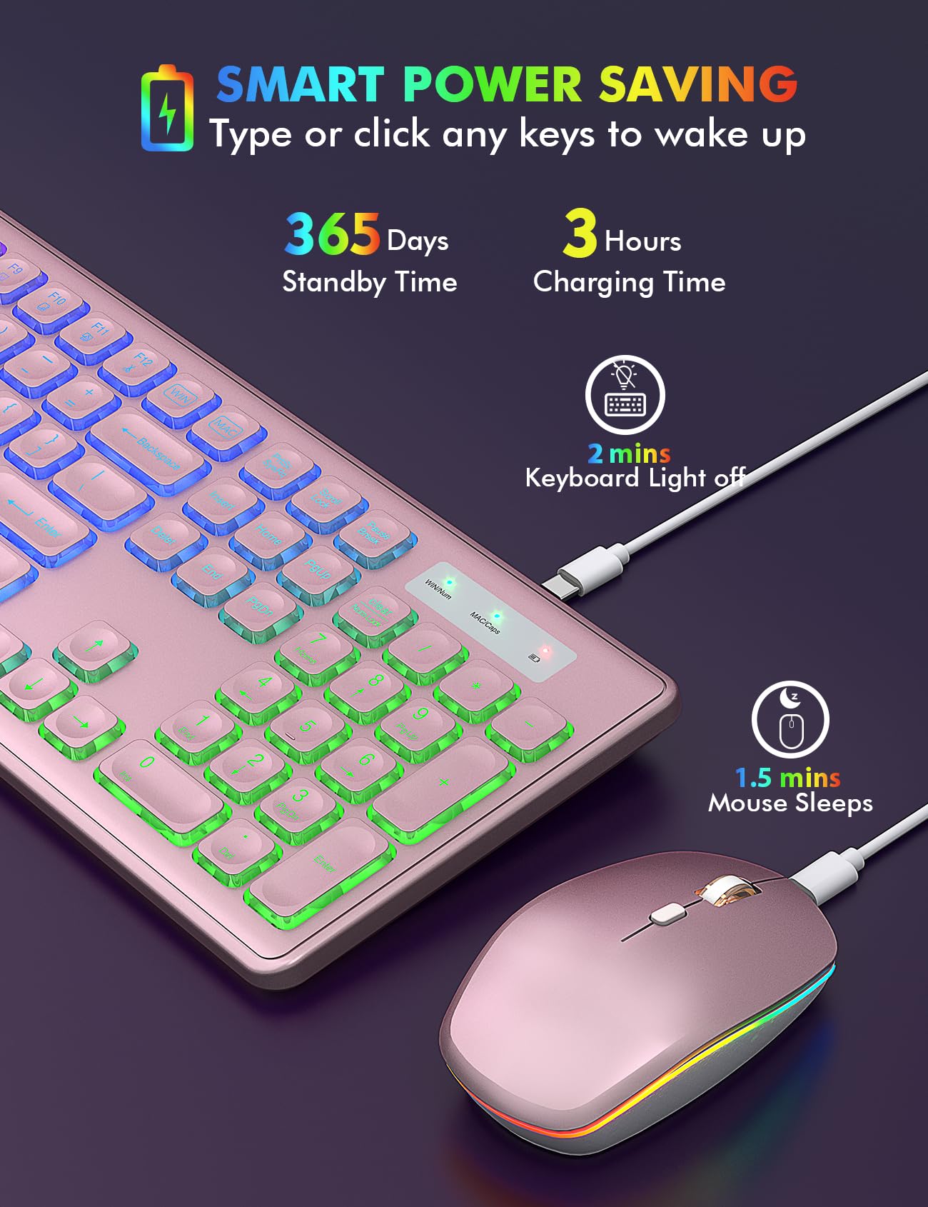Wireless Keyboard And Mouse Combo   Rgb Backlit, Rechargeable & Light Up Letters, Full Size, Ergonomic Tilt Angle, Sleep Mode, 2.4Ghz Quiet Keyboard Mouse For Mac, Windows, Laptop, Pc, Trueque, Rose