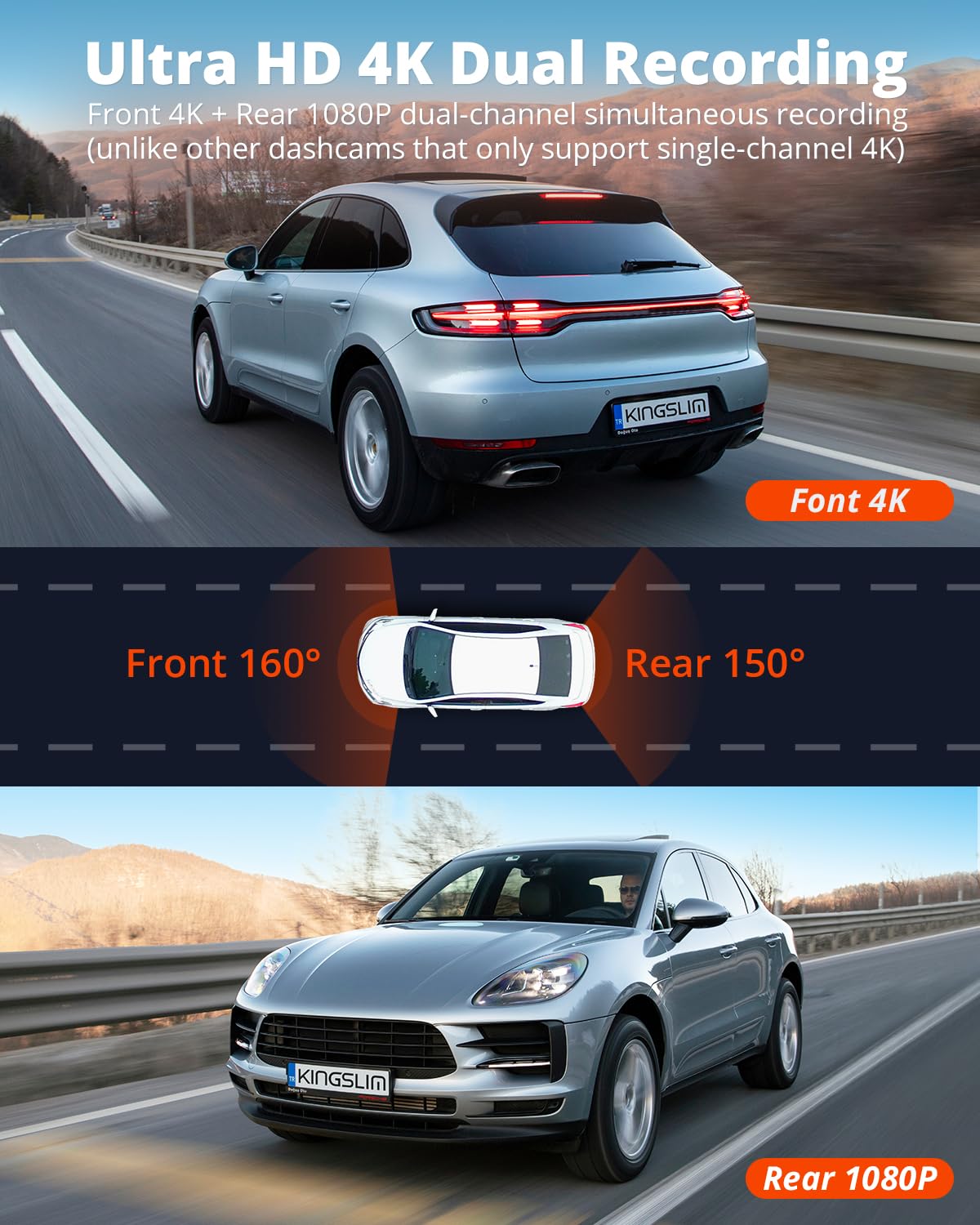 Kingslim E4 4K Dash Cam Front And Rear, Ultra Hd Front 4K Rear 1080P Dual Channel Real 4K Dash Camera For Cars, 1.5'' Mini Lipst