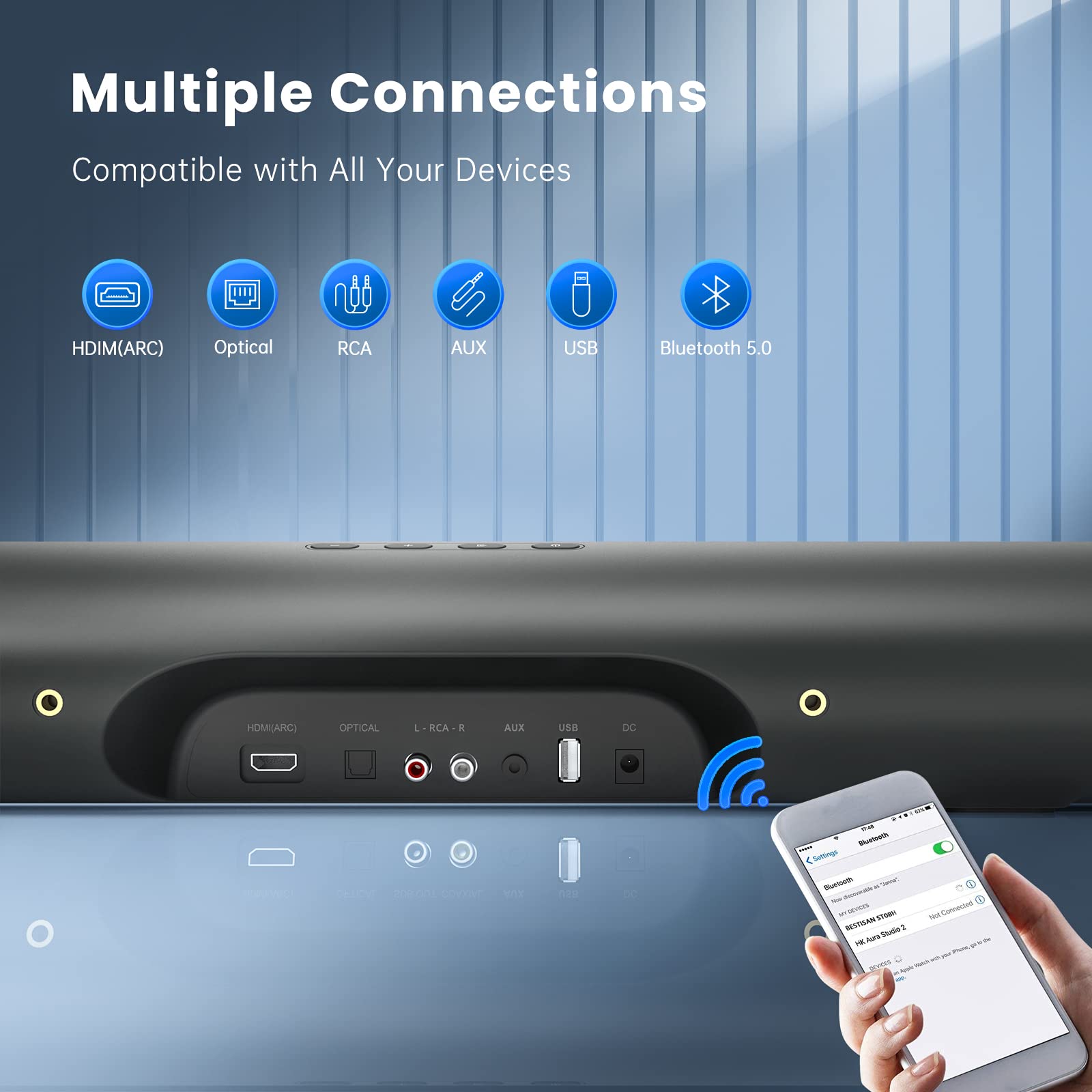 Soundbar, Bestisan 80 Watts Tv Sound Bar Home Theater Speaker With Hdmi, Optical, Rca, Aux Port, Bluetooth 5.0, Movie/Music/Dial