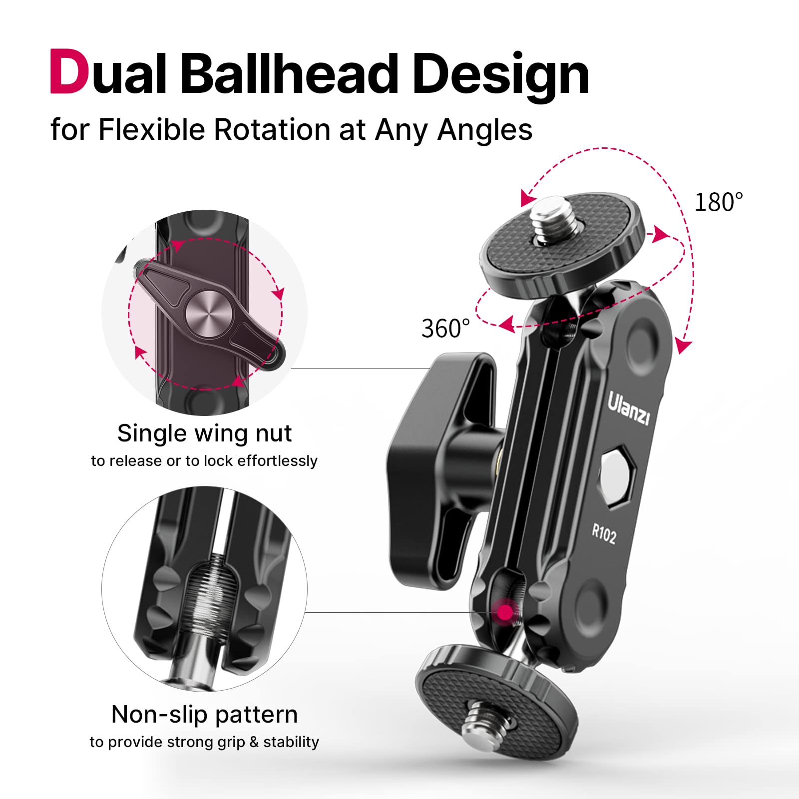 Ulanzi Magic Arm With Double Ballhead 1/4 Screw, Compatible With Universal Monitor Mount For Camera, Video Shooting Photography
