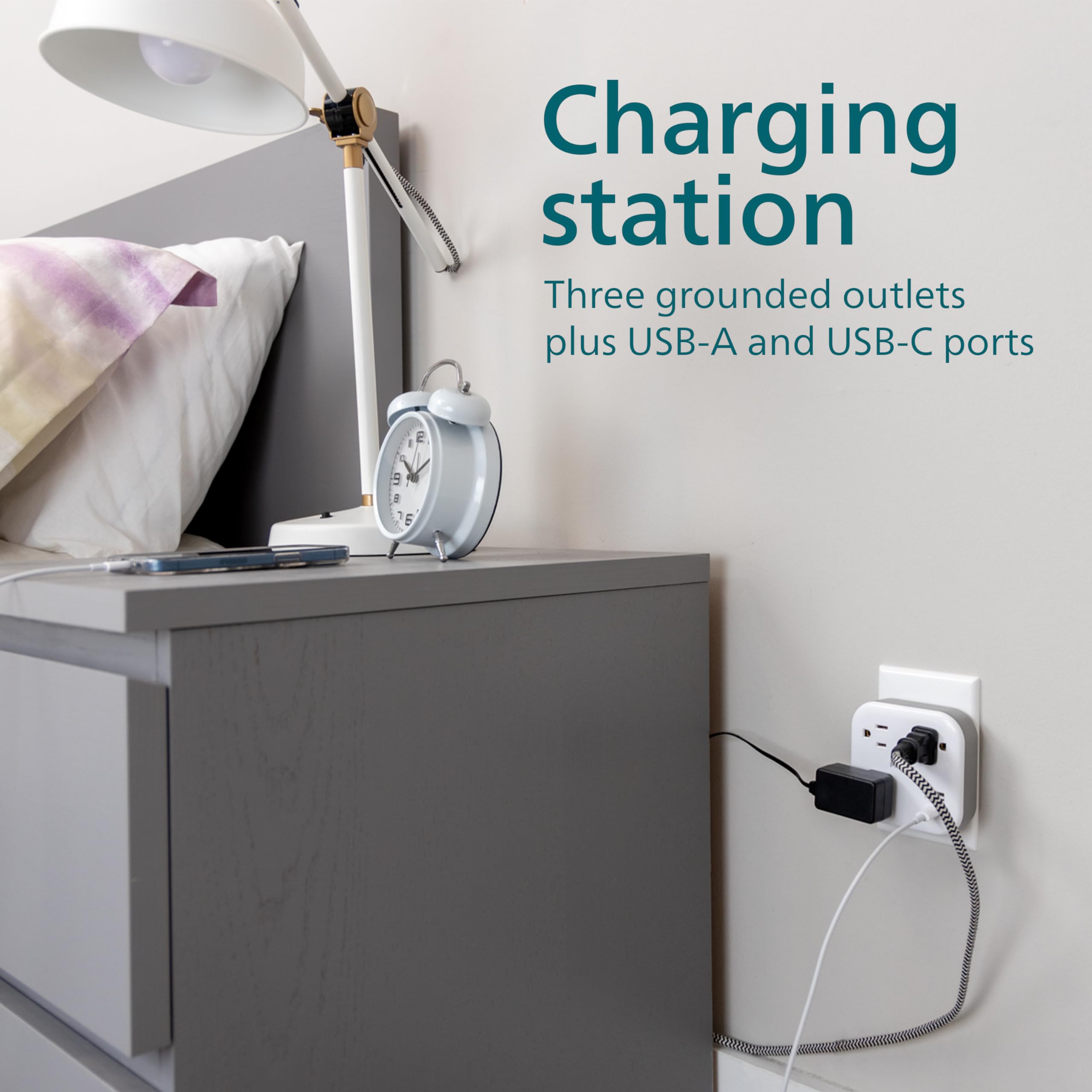 Philips 3 Outlet Surge Outlet Extender With Usb, 1 Usb A, 1 Usb C, 12W, 980J, White   Spp9393W/37