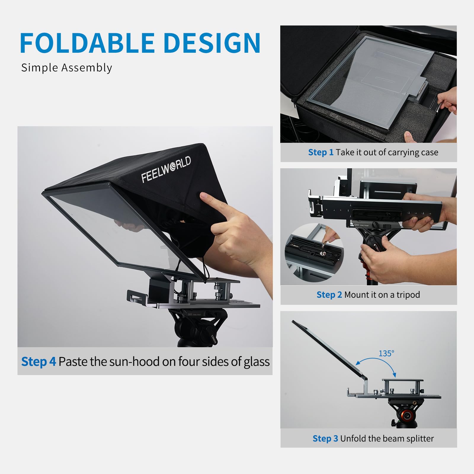 Feelworld Tp16 16 Inch Folding Teleprompter For Up To 16'' Tablet Horizontal Vertical Prompt For Live Streaming Interview Speech