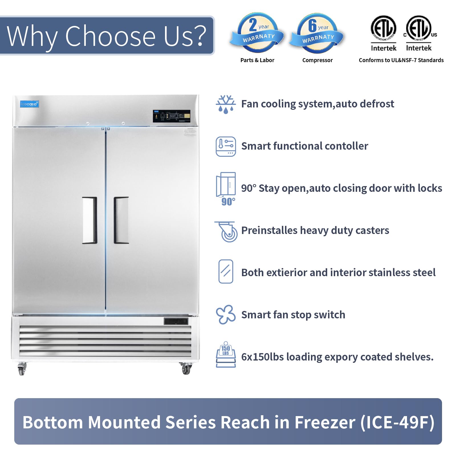 Icecasa 54 W Commercial Freezer Reach-In 49 Cu.Ft 2 Solid Door Stainless Steel Commercial Freezer Fan Cooling For Restuarant, Ba