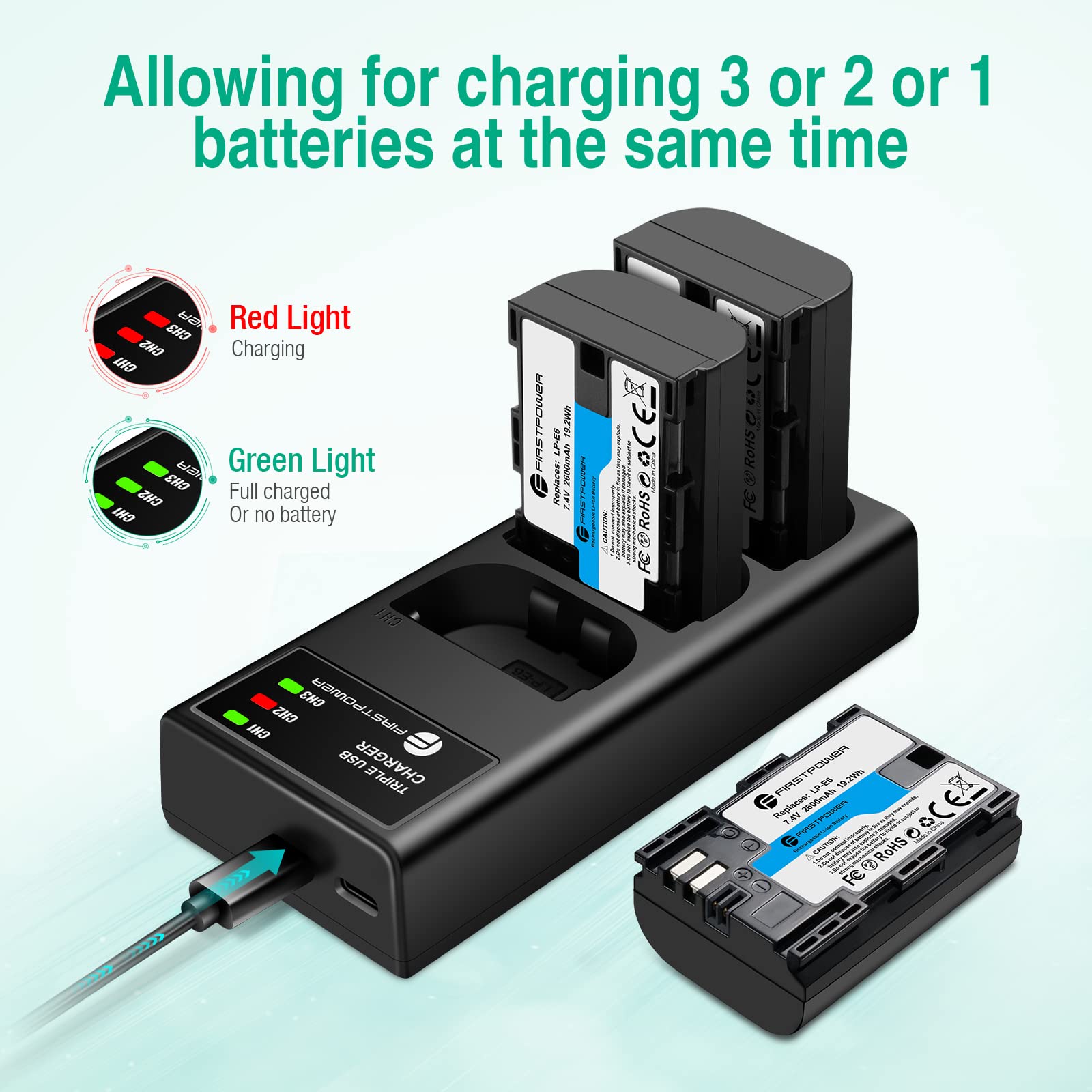 FirstPower LP-E6 LP-E6N 2600mAh Camera Battery 3-Pack & Triple Charger for Canon EOS 5D, 6D, 7D, 60D, 70D, 80D, 90D Black