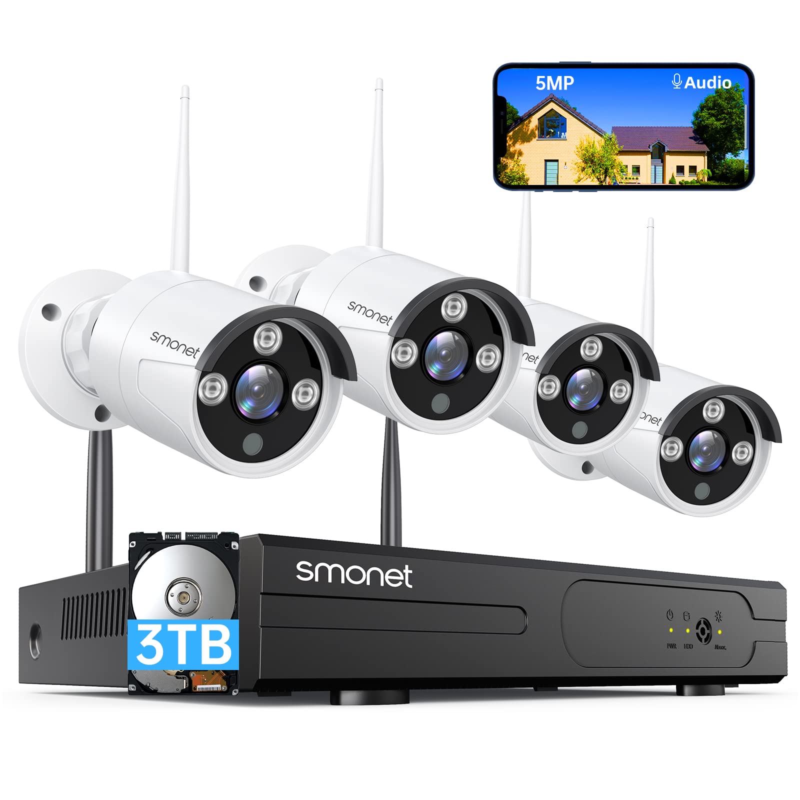 [5Mp Hd,Audio] Smonet Wifi Security Camera System,3Tb Hard Drive,8Ch Home Surveillance Dvr Kits,4 Packs Outdoor Indoor Ip Camera