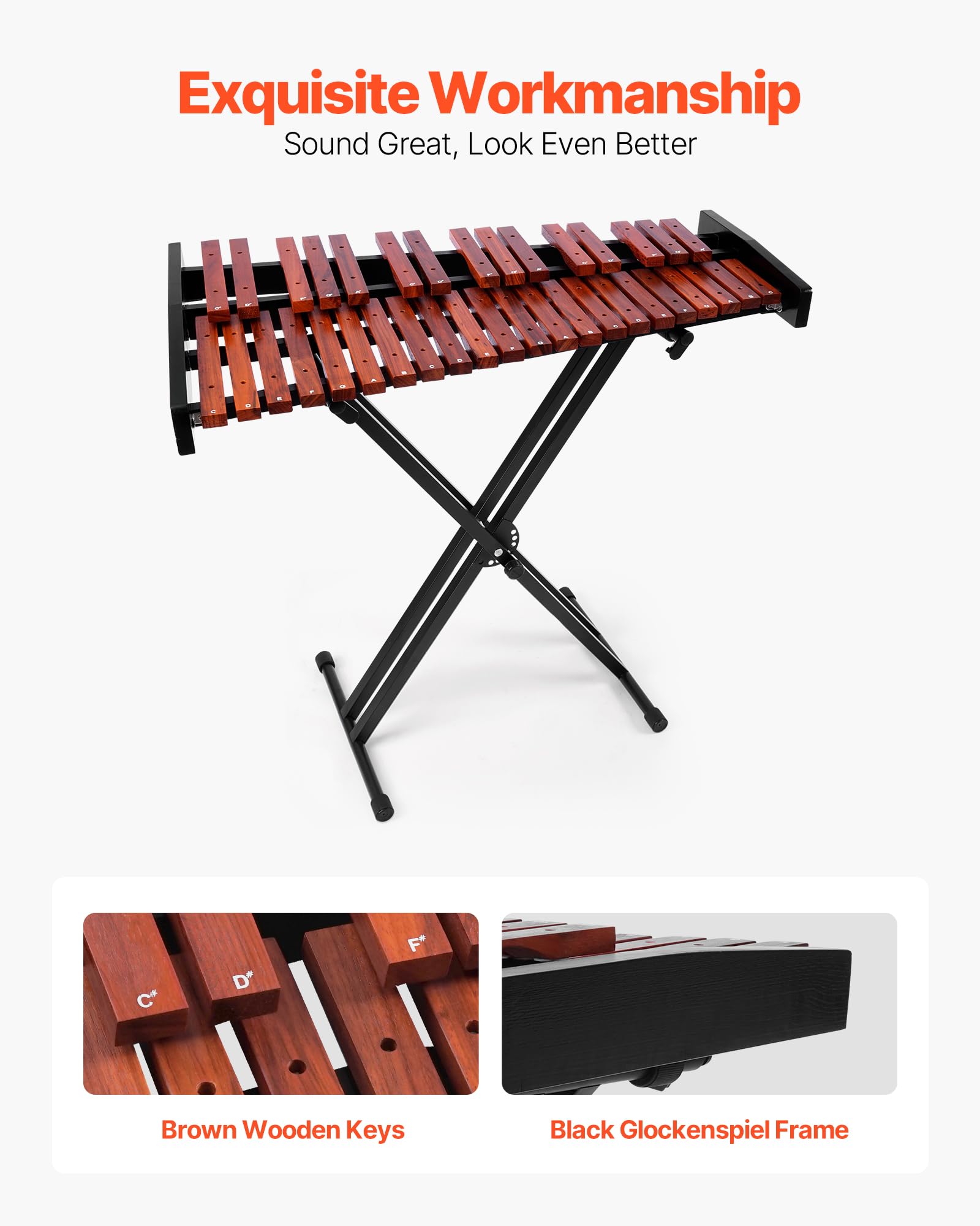 Vevor Glockenspiel Xylophone, 37 Notes, Wooden Professional Xylophone Percussion Instrument, With Height Adjustable Stand, 4 Mal