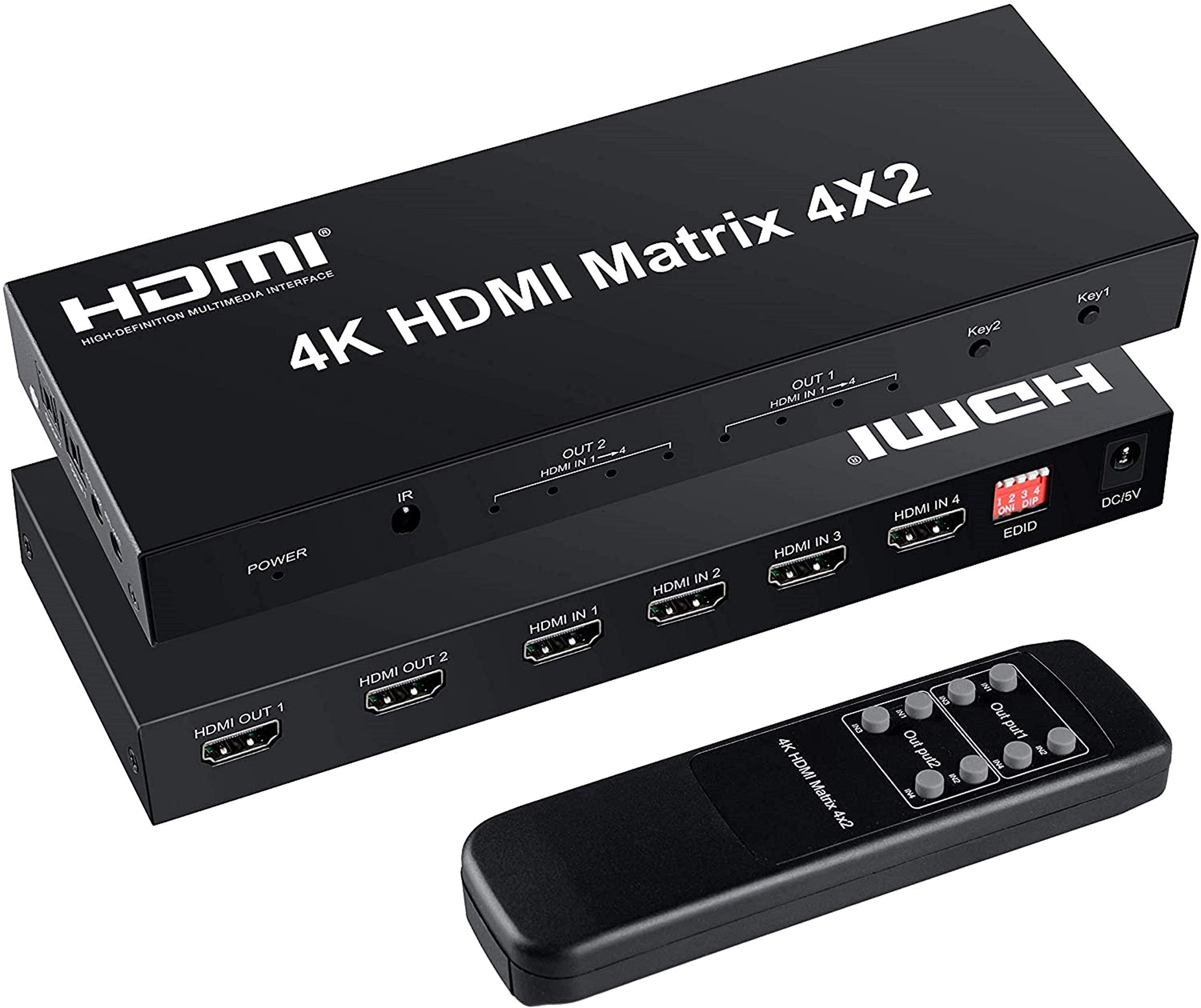 FERRISA 4x2 HDMI Matrix Switch,4 in 2 Out Matrix HDMI Video Switcher Splitter +Optical & L/R Audio Output,Support Ultra HD 4K,3D