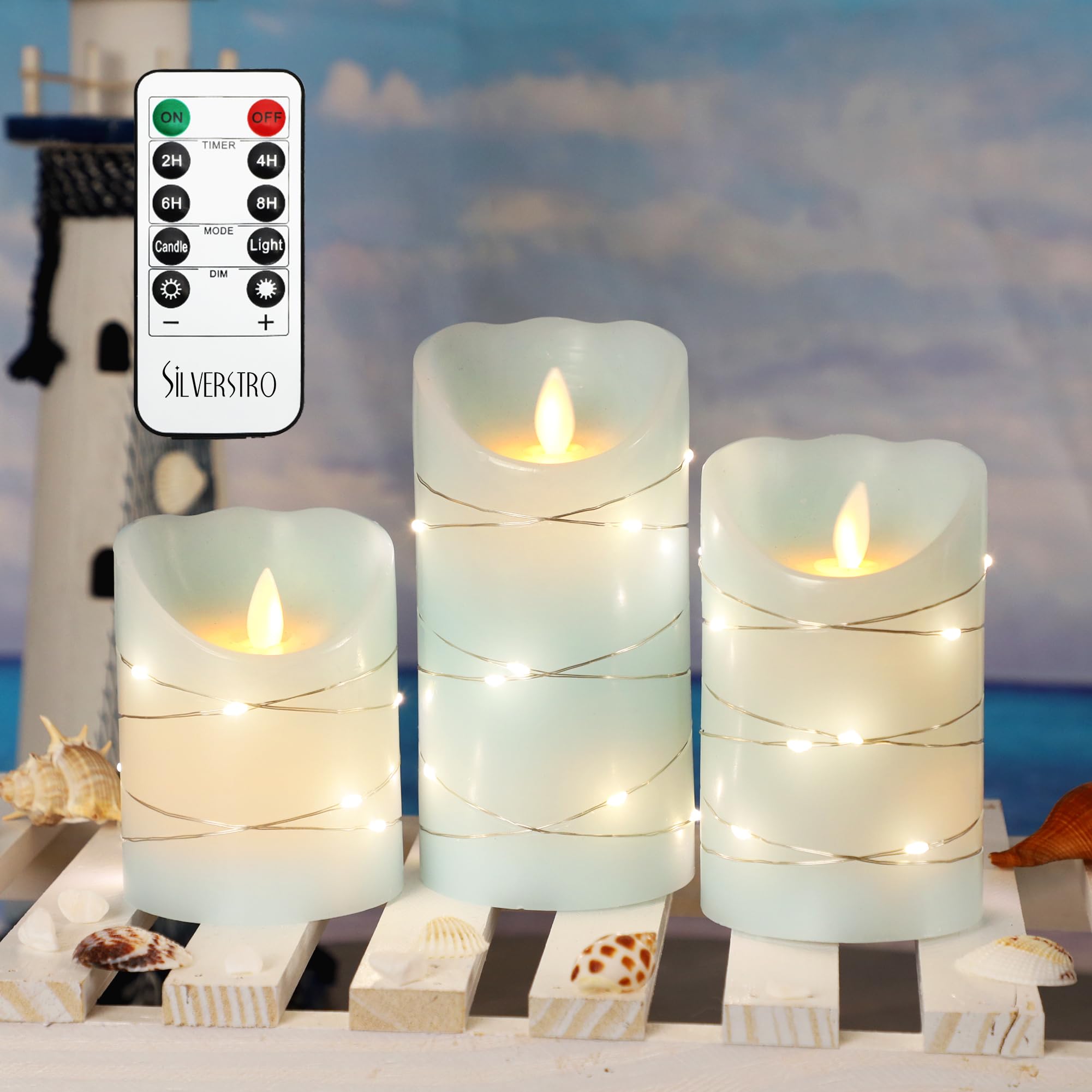 Silverstro Christmas Nautical Flameless Candles With String Lights Flickering Ocean Blue Battery Operated Candles With Remote Co