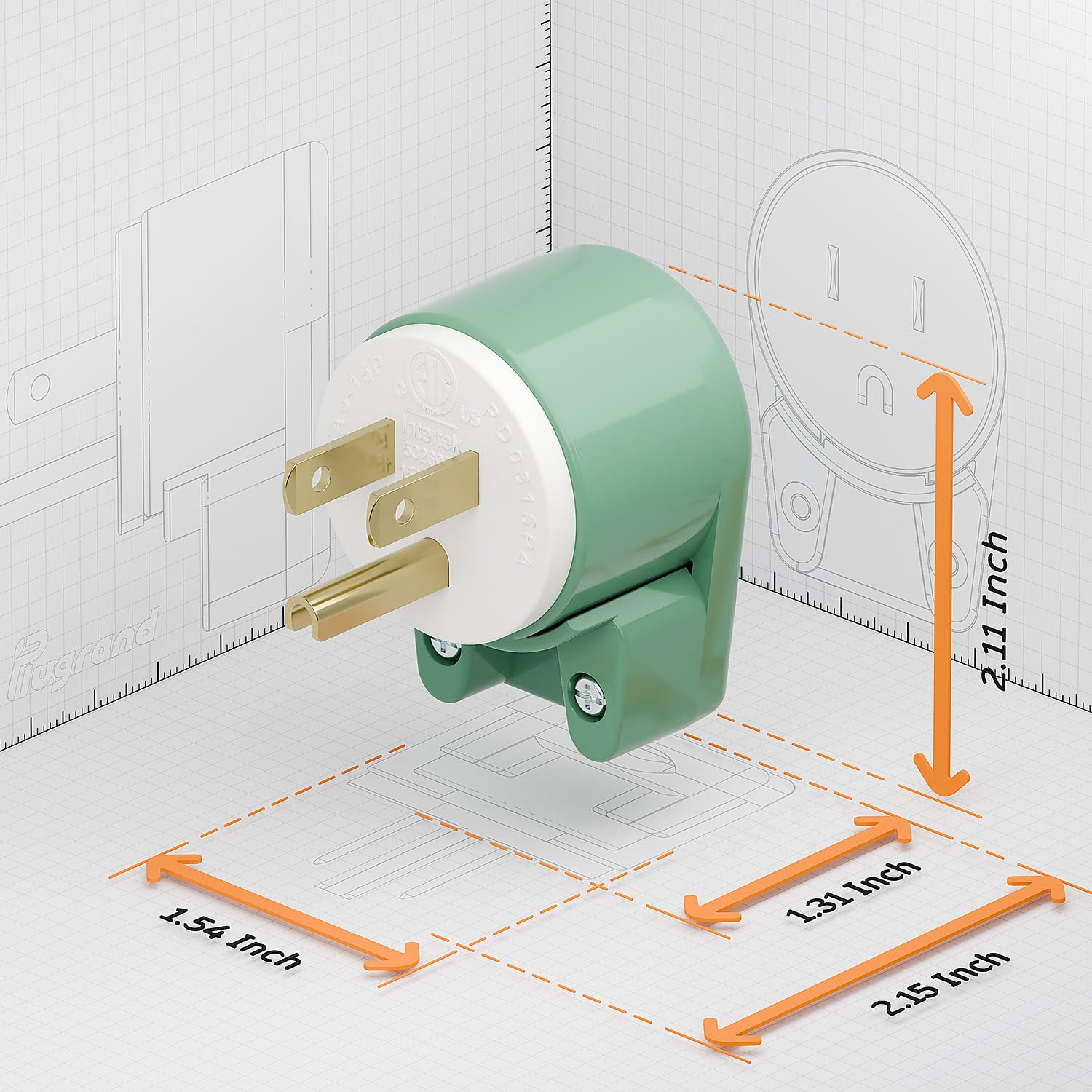 Green Etl Verified Nema 5 15P 90 Degree Right Angle 15A 125V Usa 3 Prong Household Angled Plug
