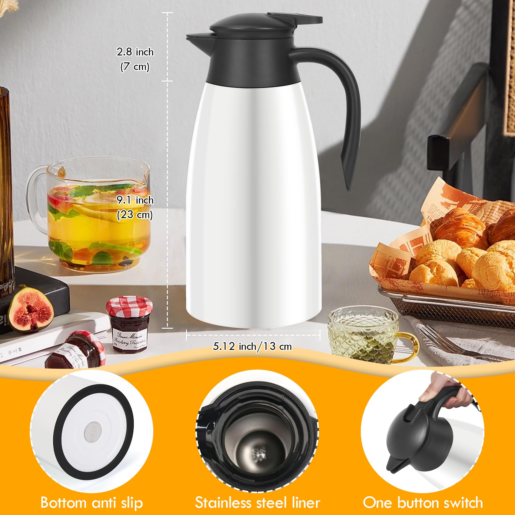 70Oz Thermal Coffee Carafe Insulated Coffee Thermos Airpot, Stainless Steel Coffee Carafes Urn For Keeping Hot, Double Walled In