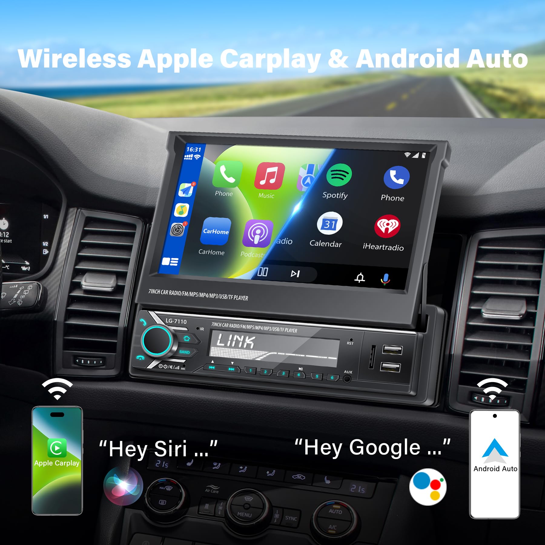 Single Din Car Stereo Screen With Wireless Carplay & Android Auto, 7' Flip Out Screen Car Stereo With Backup Camera, Car Radio S