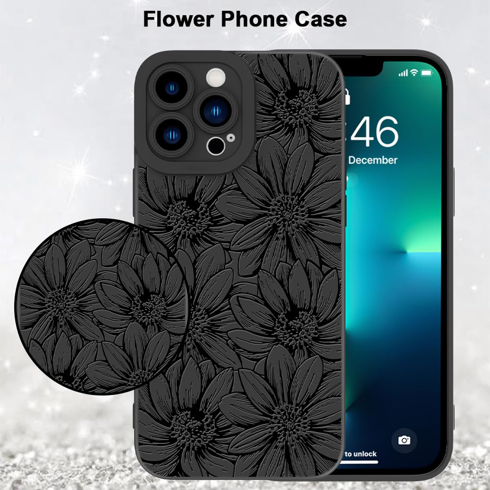 Mzelq For Iphone 13 Pro Case, Silicone Black Floral Flowers Sunflowers Cute Pattern, Camera Protection Soft Slim Phone Case For