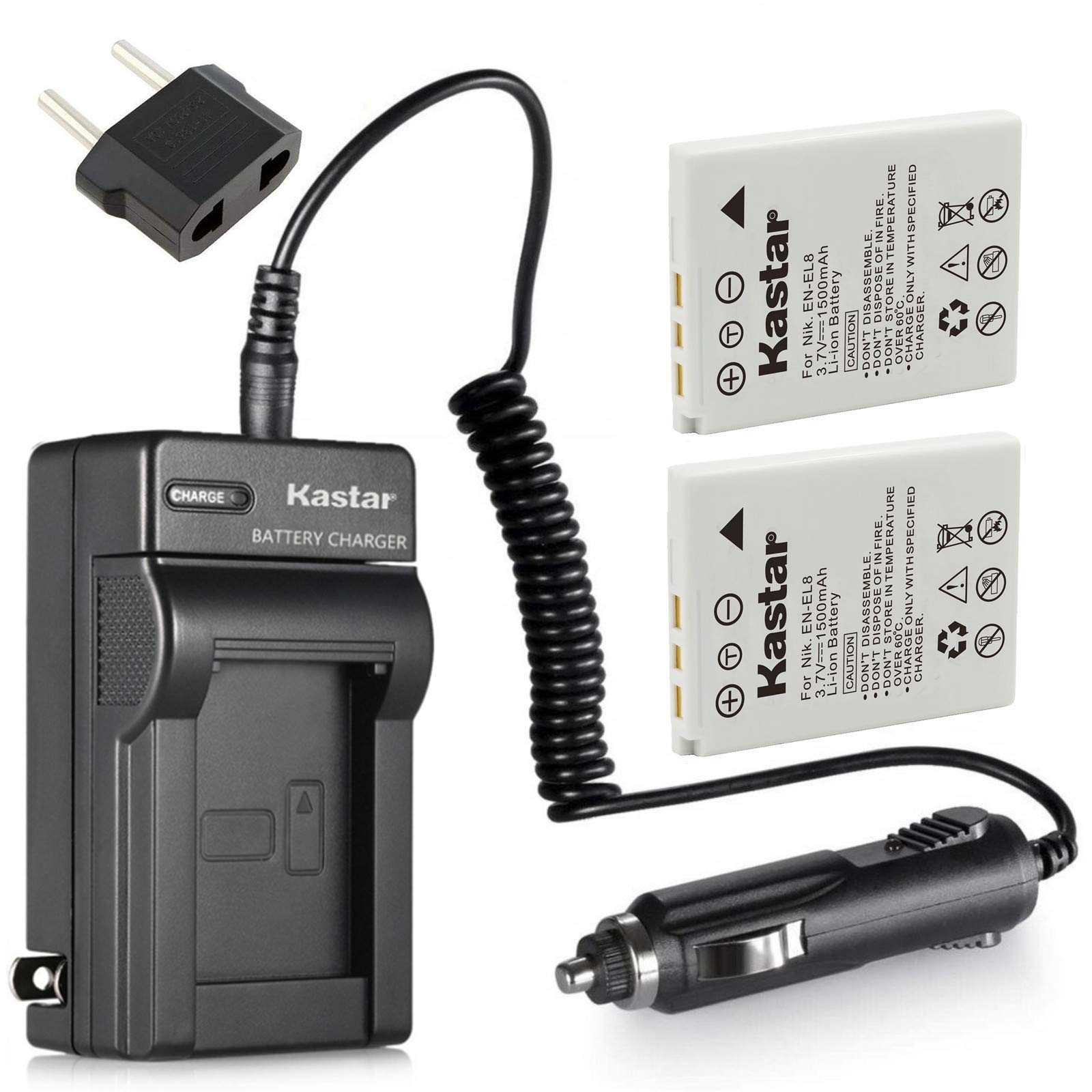 Kastar Battery 2 Pack and AC Travel Charger with Car Adapter for Nik EN EL8 ENEL8 and Nik Coolpix S7c S1 S2 S3 S5 S6 S8 S9 Coolpix S50 S50c Coolpix S51 S51c S52 S52c Cool Station MV 11 MV 12
