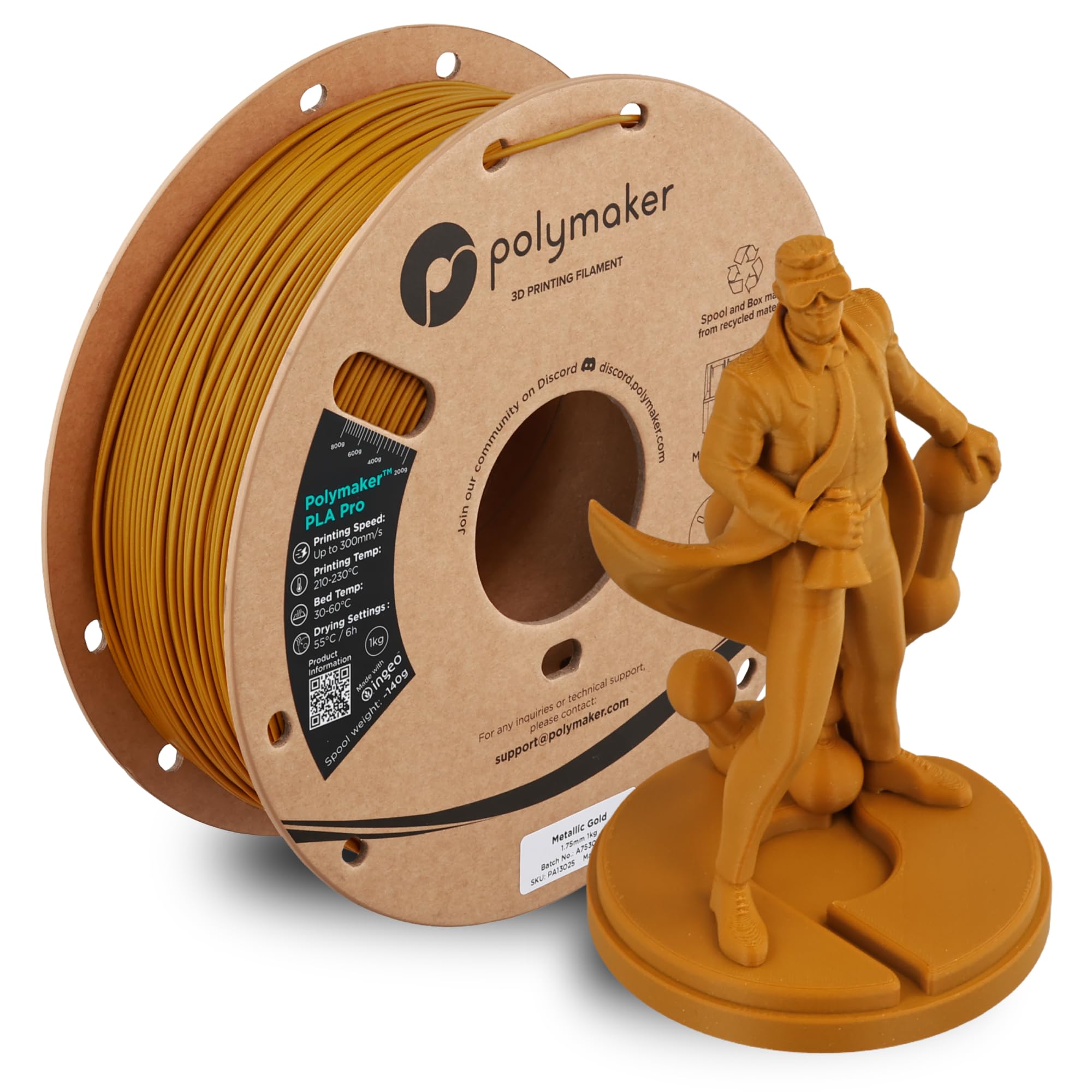 Polymaker PLA Pro 3D Printing Filament Metallic Gold 1.75mm 1KG, High-Impact Tough PLA, Fast Printing up to 300mm/s, High Speed 