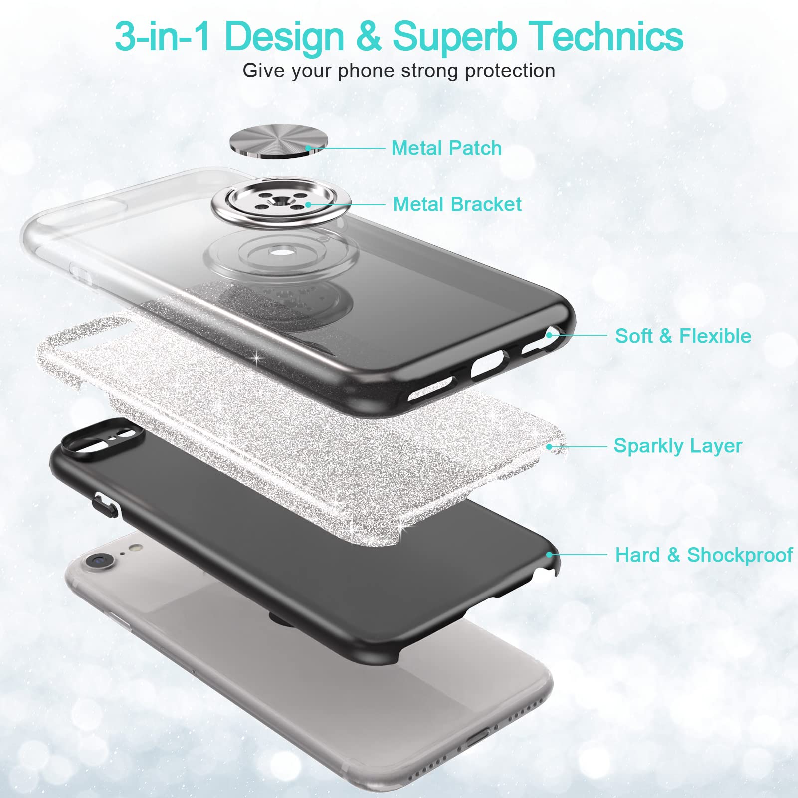 PeeTep iPhone SE 3 2022 / SE 2020 / 8 / 7 Glitter Phone Case with 360° Ring Holder Black TPU