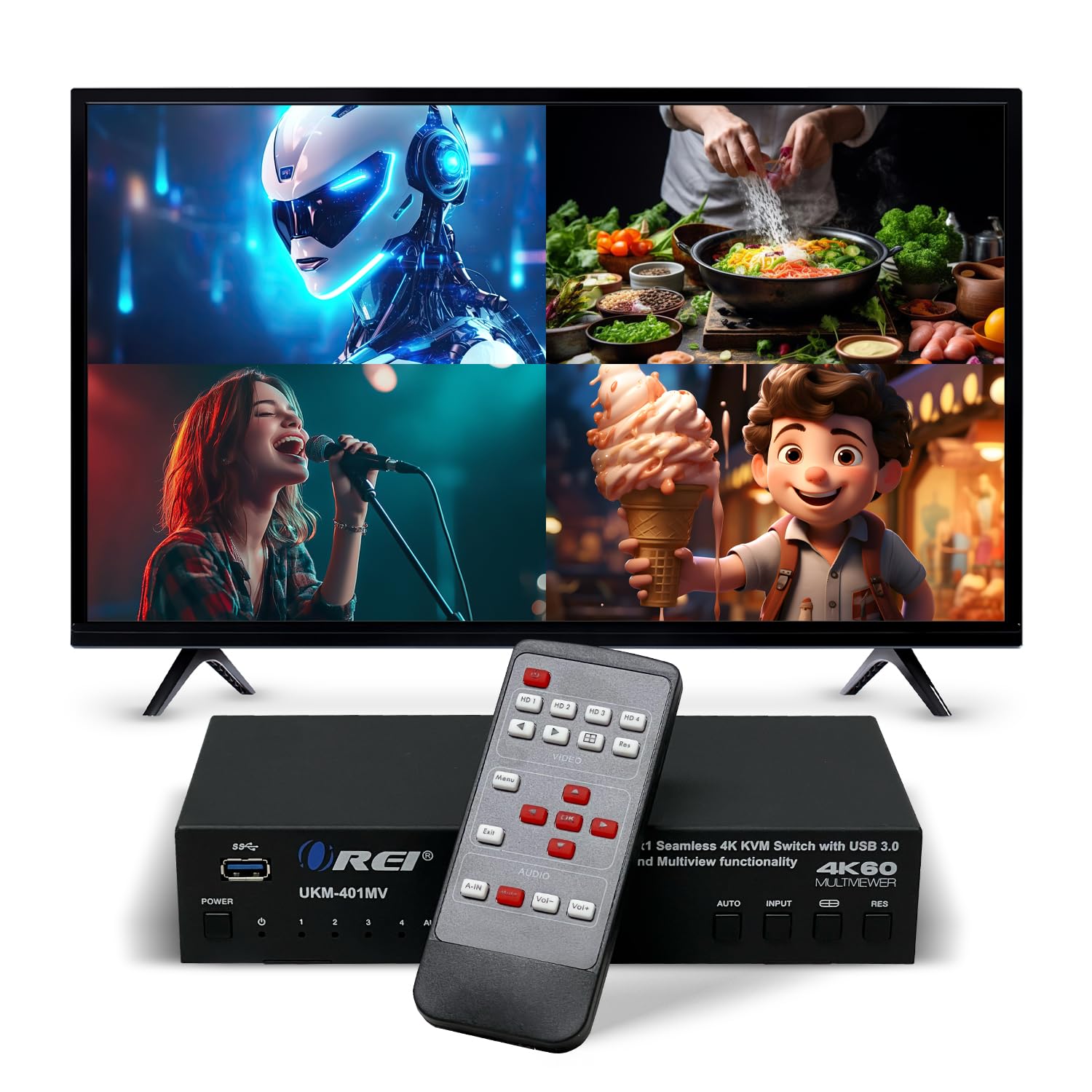 4x1 KVM HDMI Seamless Switch Multiviewer by OREI, Share Multiple Devices, PC, Computers, Phones, Gaming on One Display Monitor, 